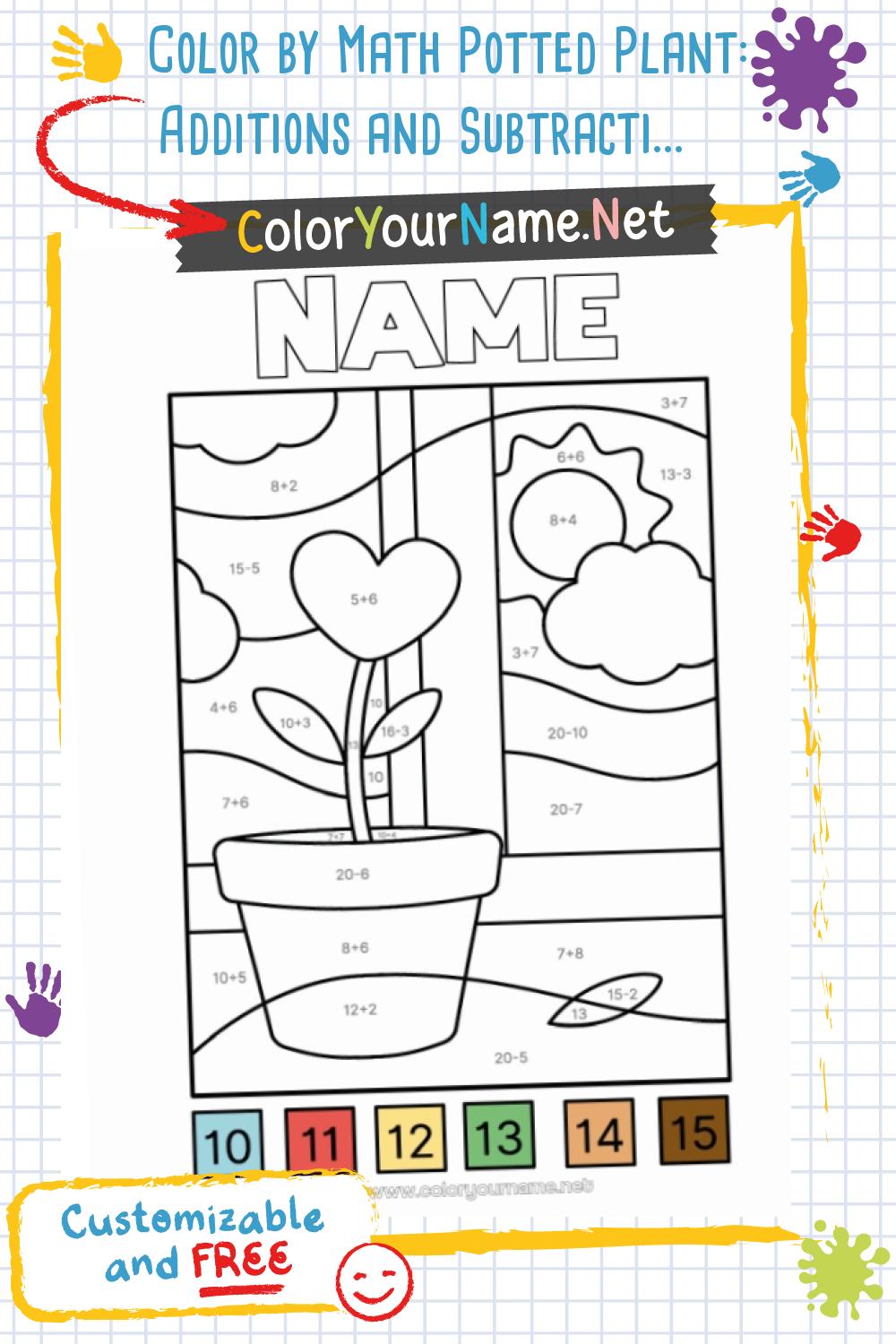 Color by Math Potted Plant: Additions and Subtractions for Kids Aged 6 to 8