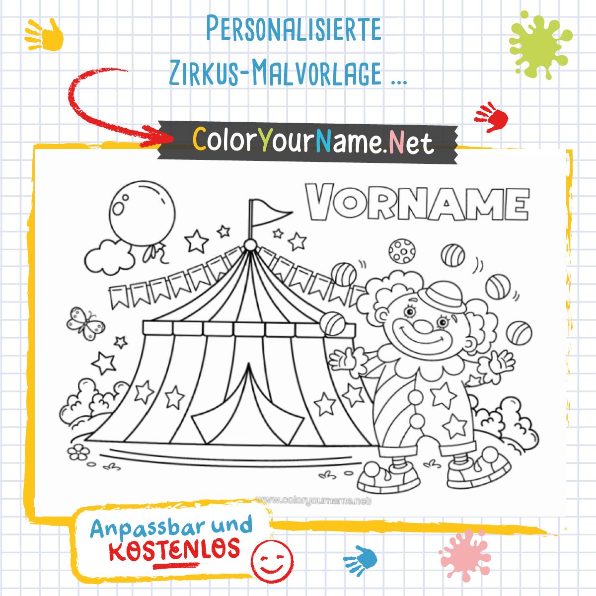 Personalisierte Zirkus-Malvorlage mit einem jonglierenden Clown und dem ...