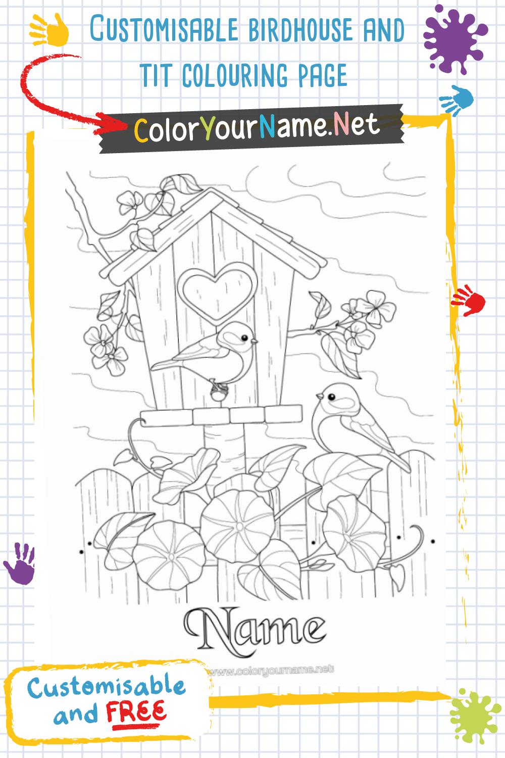 Customisable birdhouse and tit colouring page