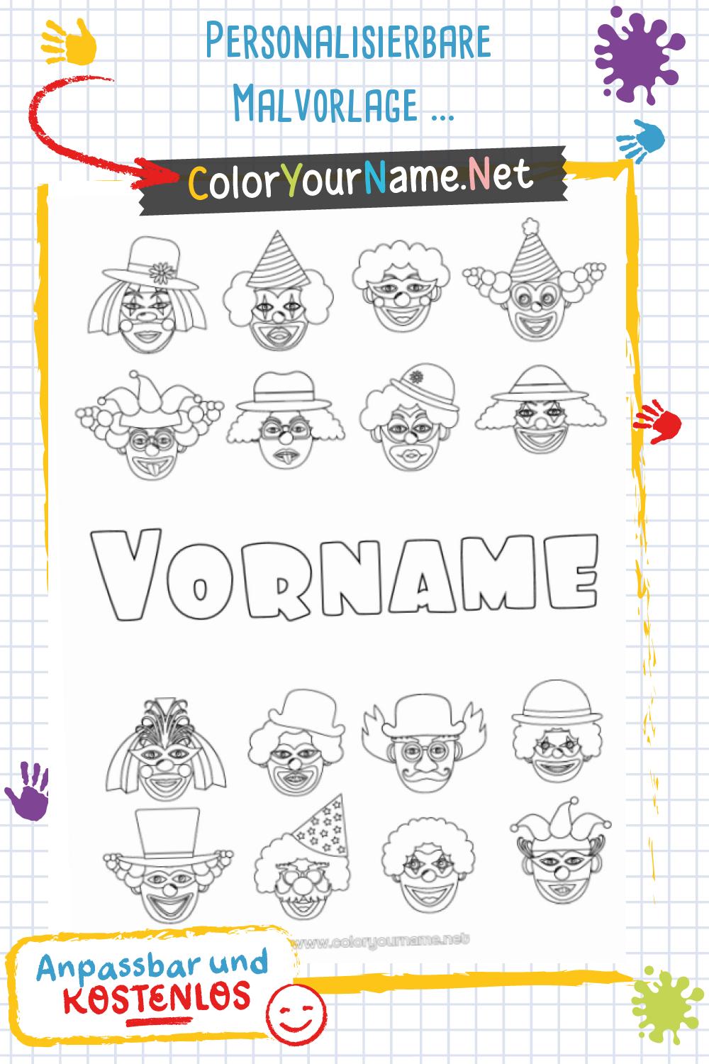  Personalisierbare Malvorlage – Clownsmasken und -gesichter Motiv 