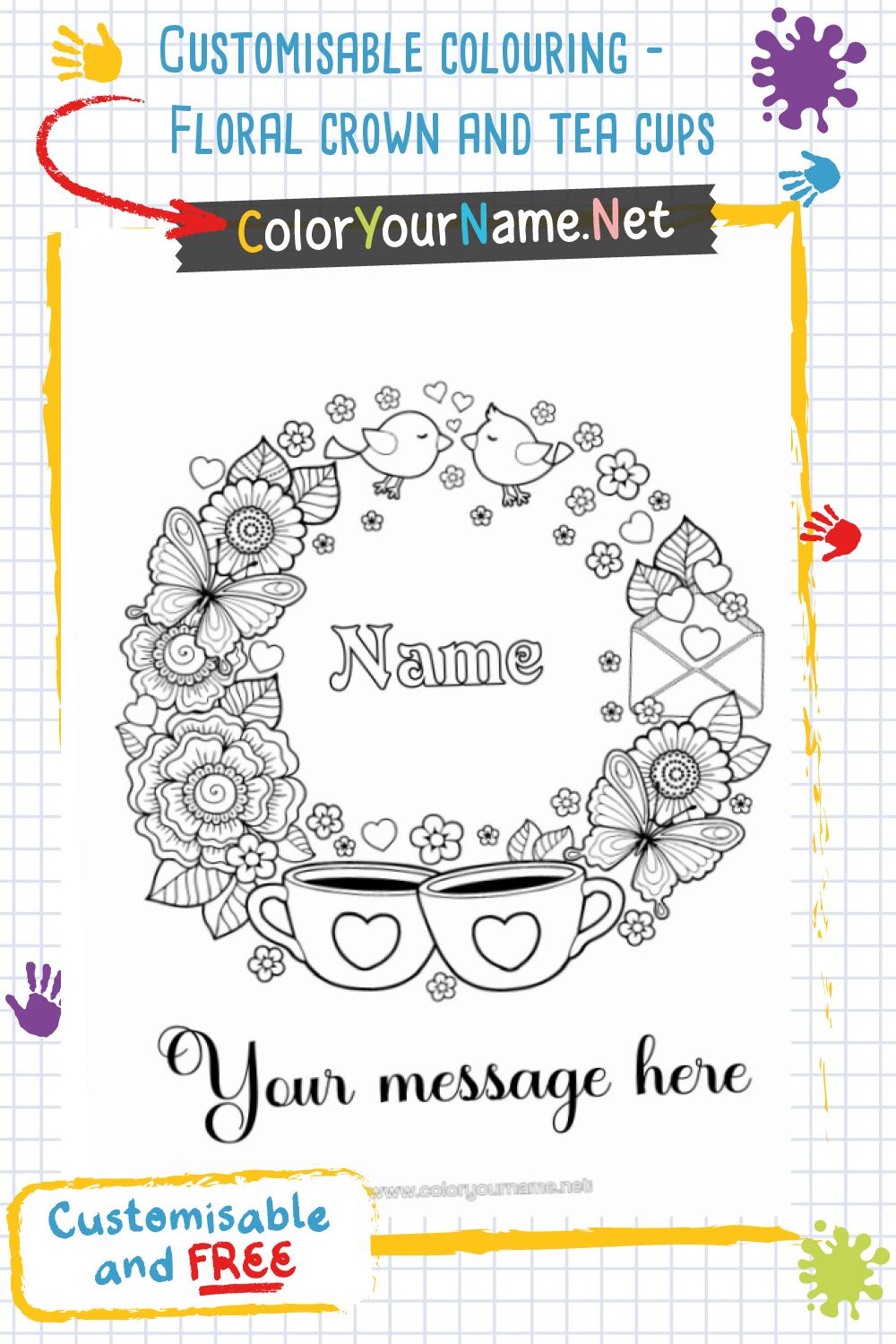 Customisable colouring – Floral crown and tea cups
