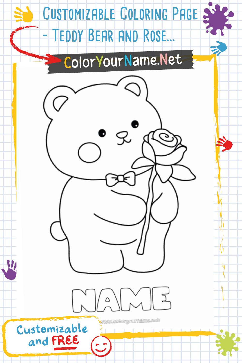 Customizable Coloring Page – Teddy Bear and Rose, a Message of Tenderness