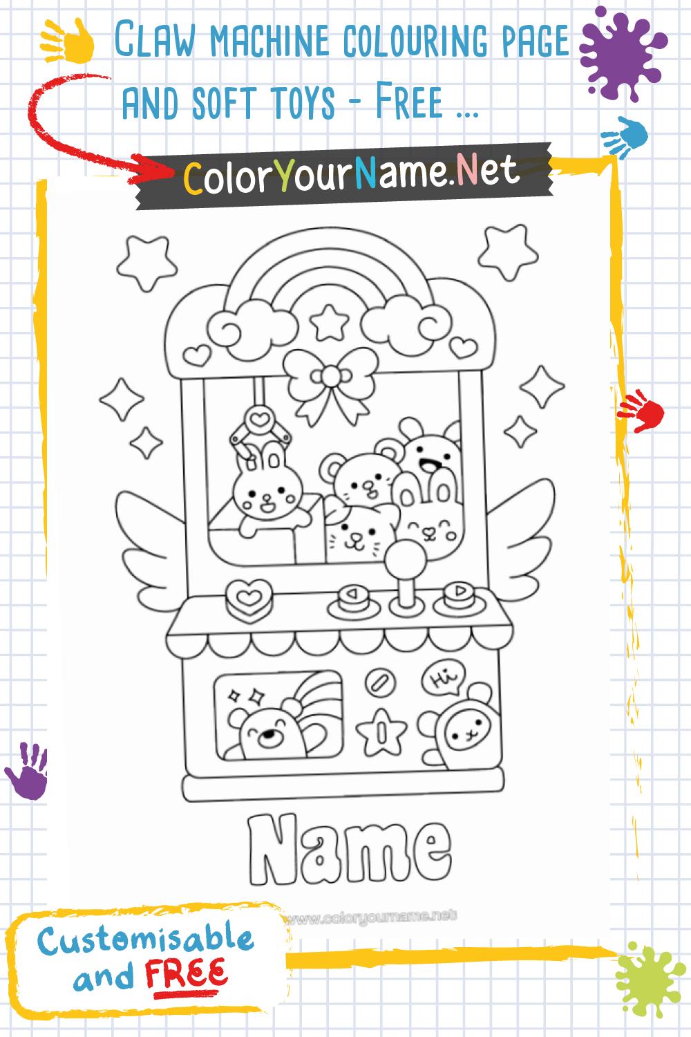 Claw machine colouring page and soft toys – Free and customisable