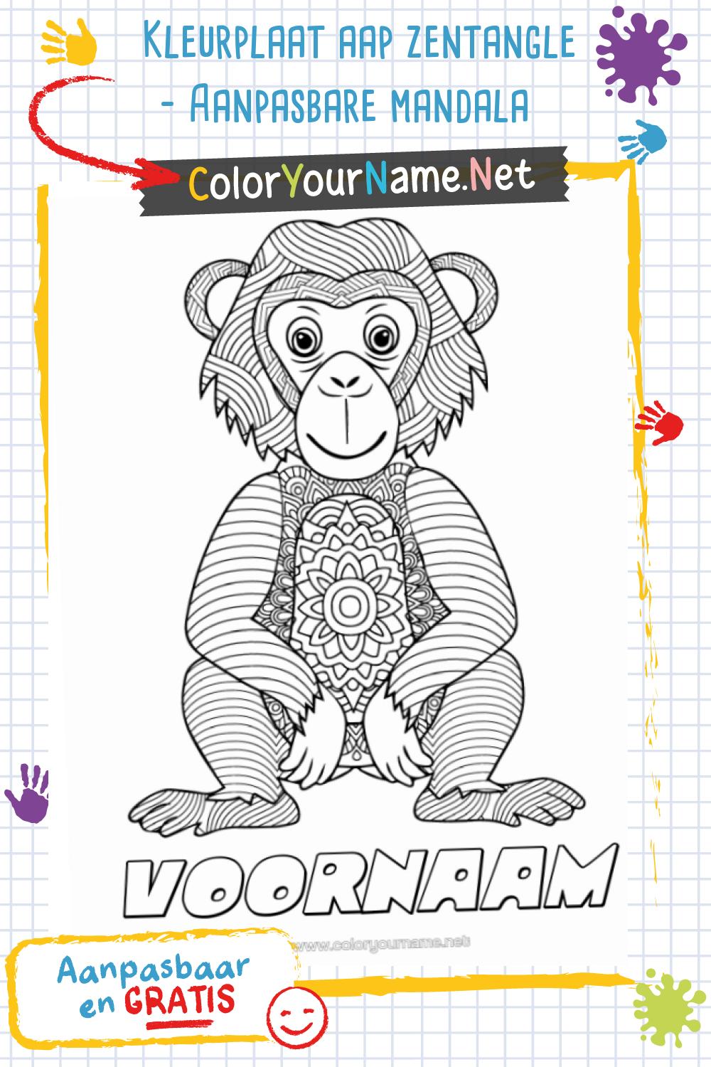 Kleurplaat aap zentangle – Aanpasbare mandala