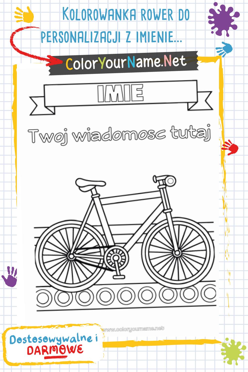 Kolorowanka rower do personalizacji z imieniem i wiadomością.