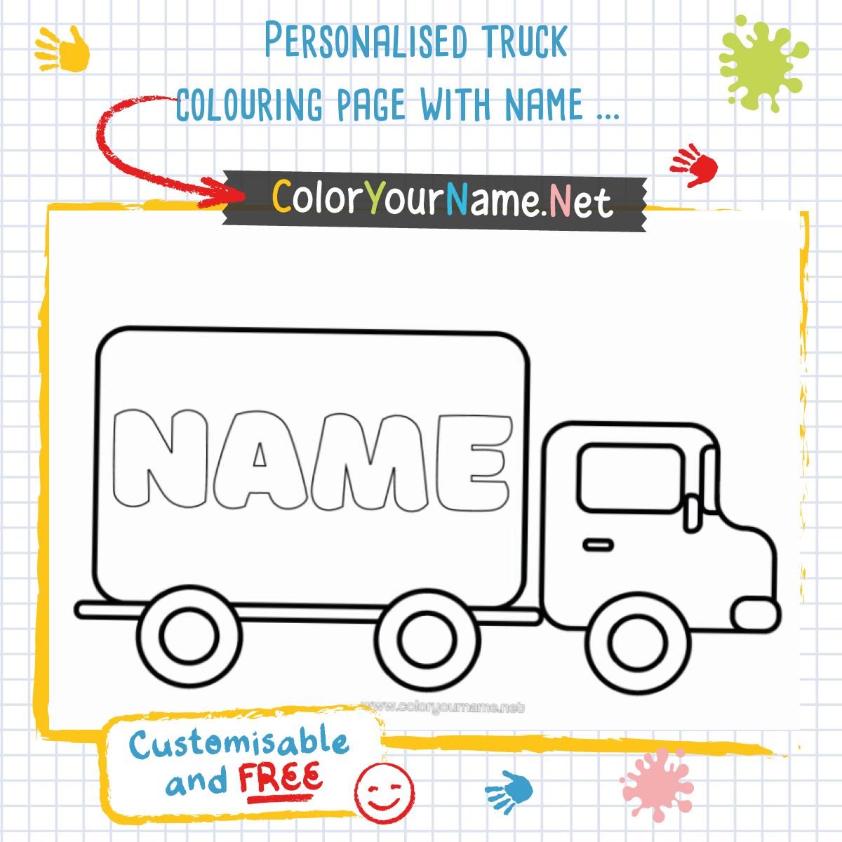 Personalised truck colouring page with name – Free