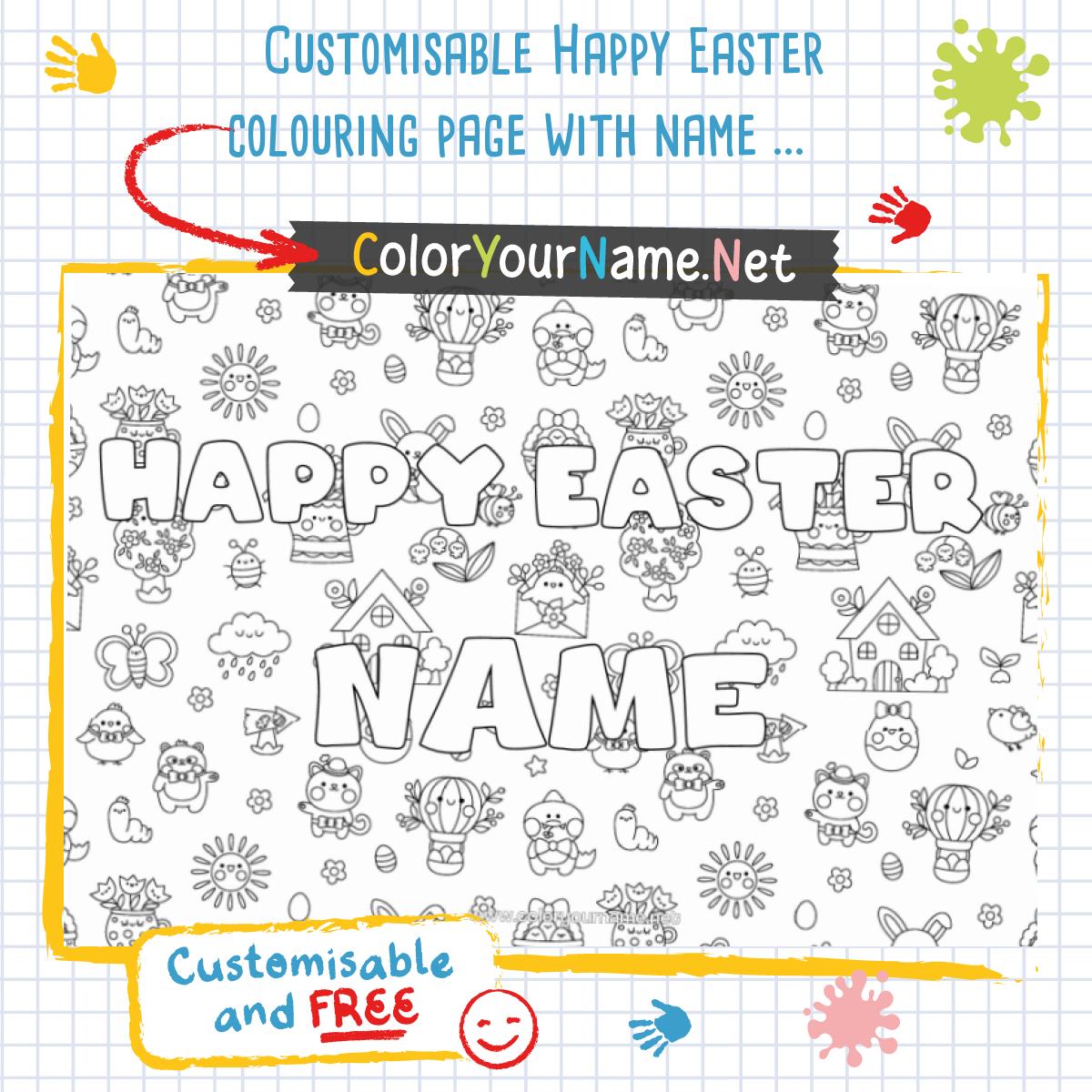 Customisable Happy Easter colouring page with name – kawaii background