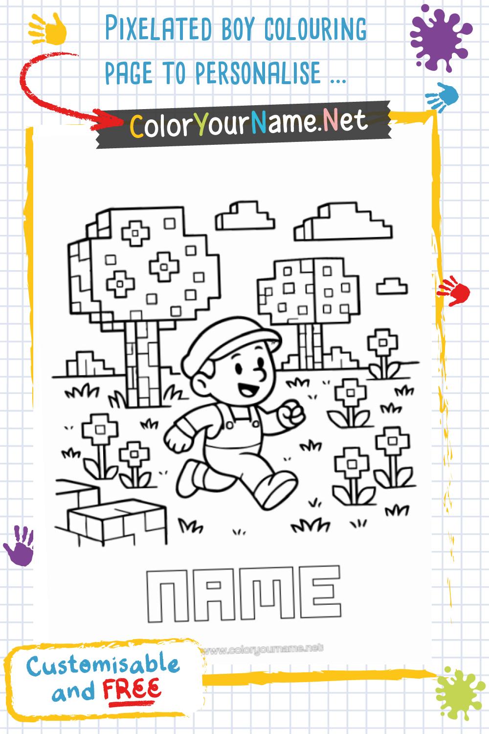 Pixelated boy colouring page to personalise – video game style