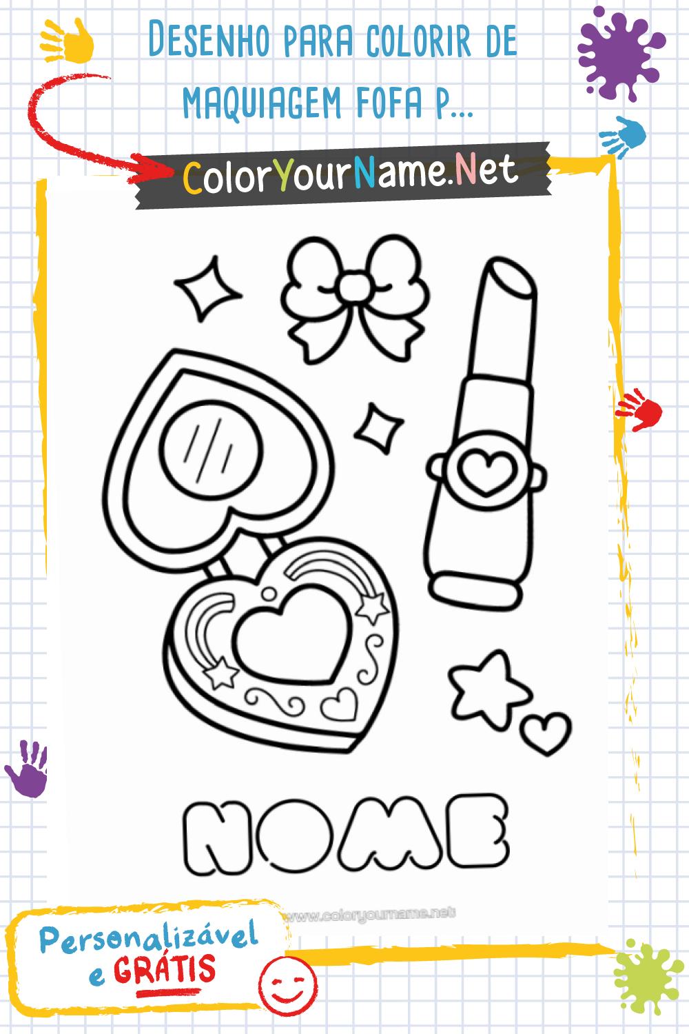 Desenho para colorir de maquiagem fofa para personalizar – espelho e batom