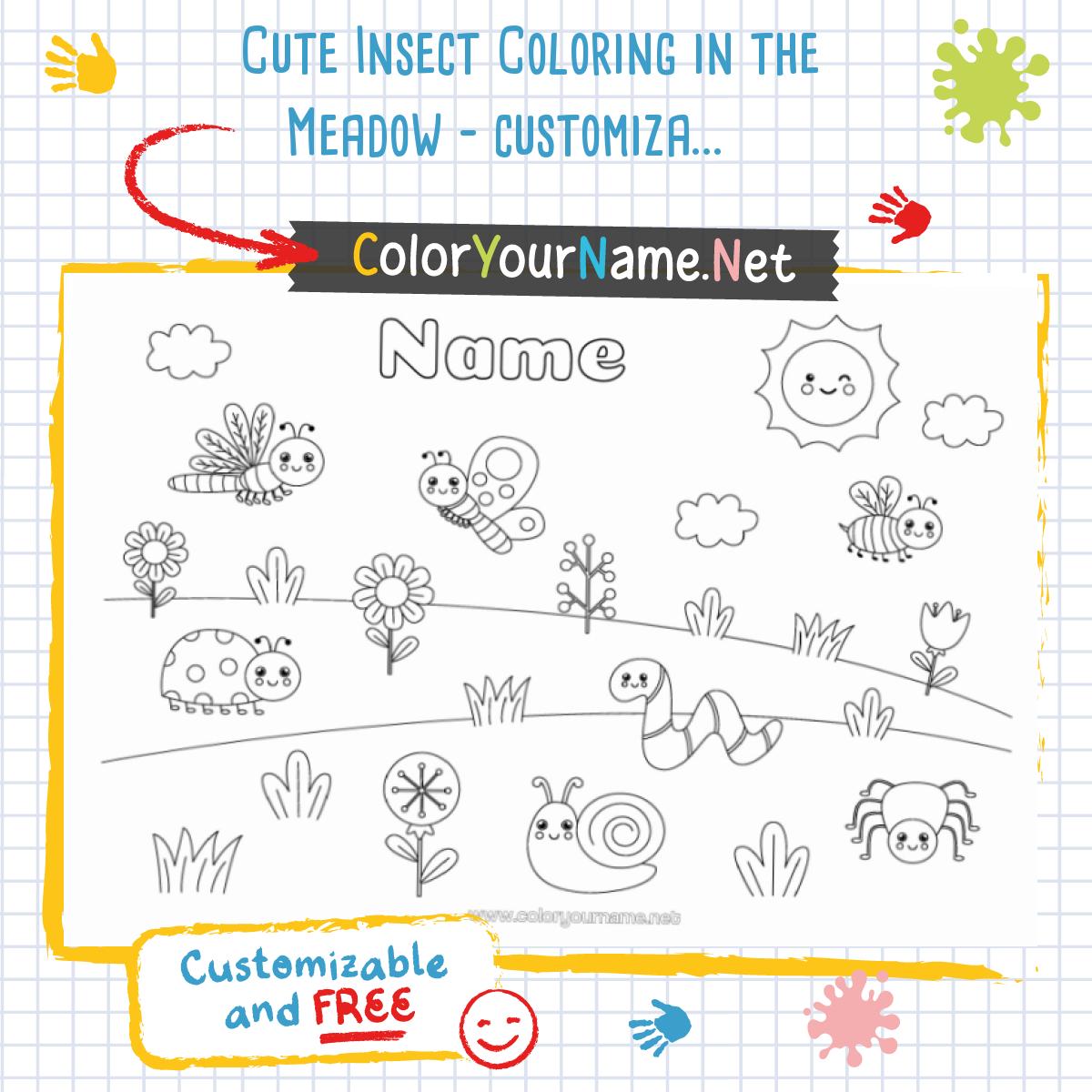 Cute Insect Coloring in the Meadow – customizable with name