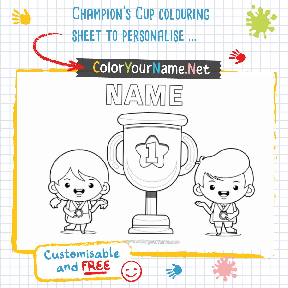 Champion's Cup colouring sheet to personalise – Medal-winning children