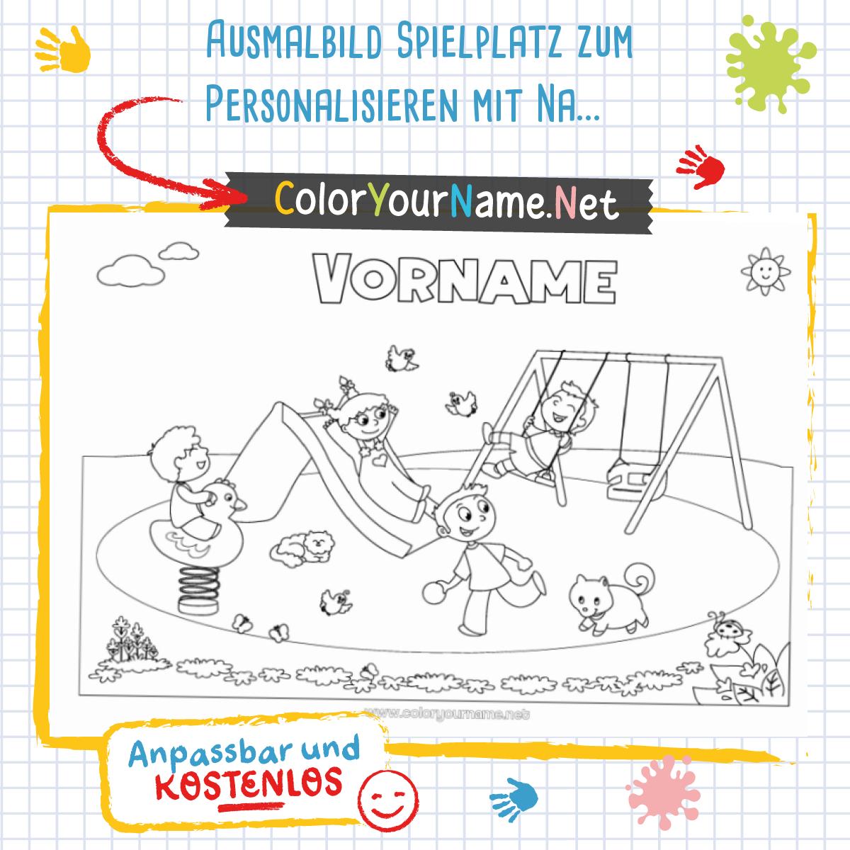  Ausmalbild Spielplatz zum Personalisieren mit Namen – Kostenlos zum Motiv 