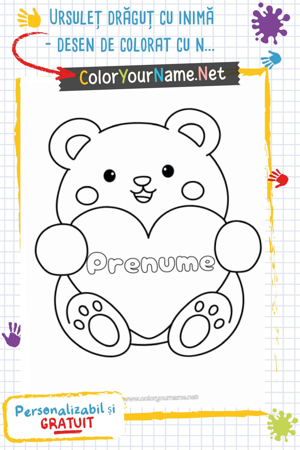 Ursuleț drăguț cu inimă – desen de colorat cu nume personalizat de imprimat