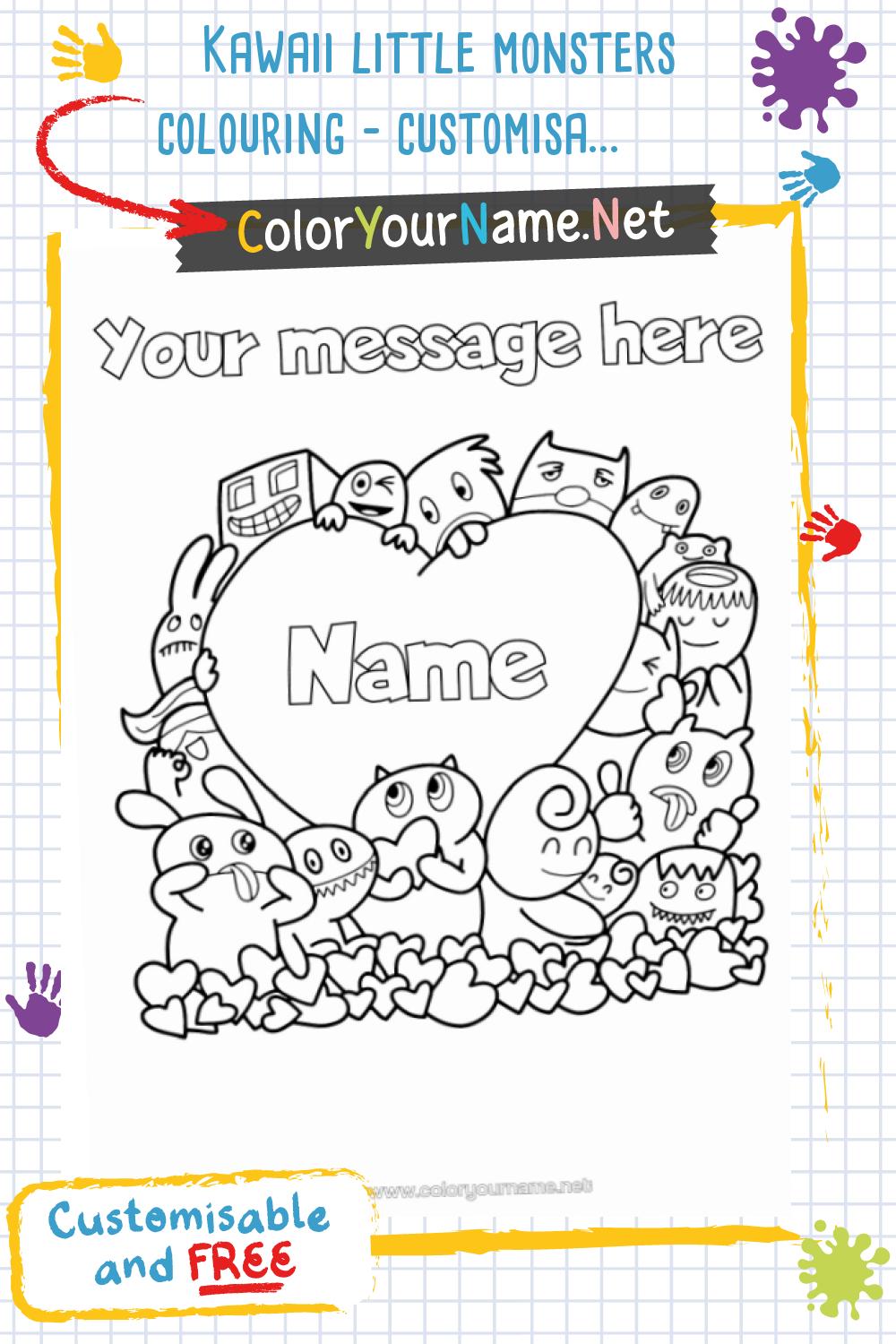 Kawaii little monsters colouring – customisable heart