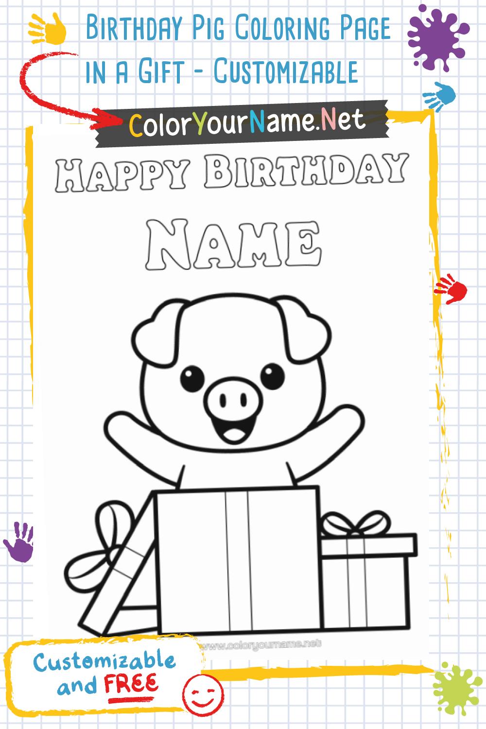 Birthday Pig Coloring Page in a Gift – Customizable