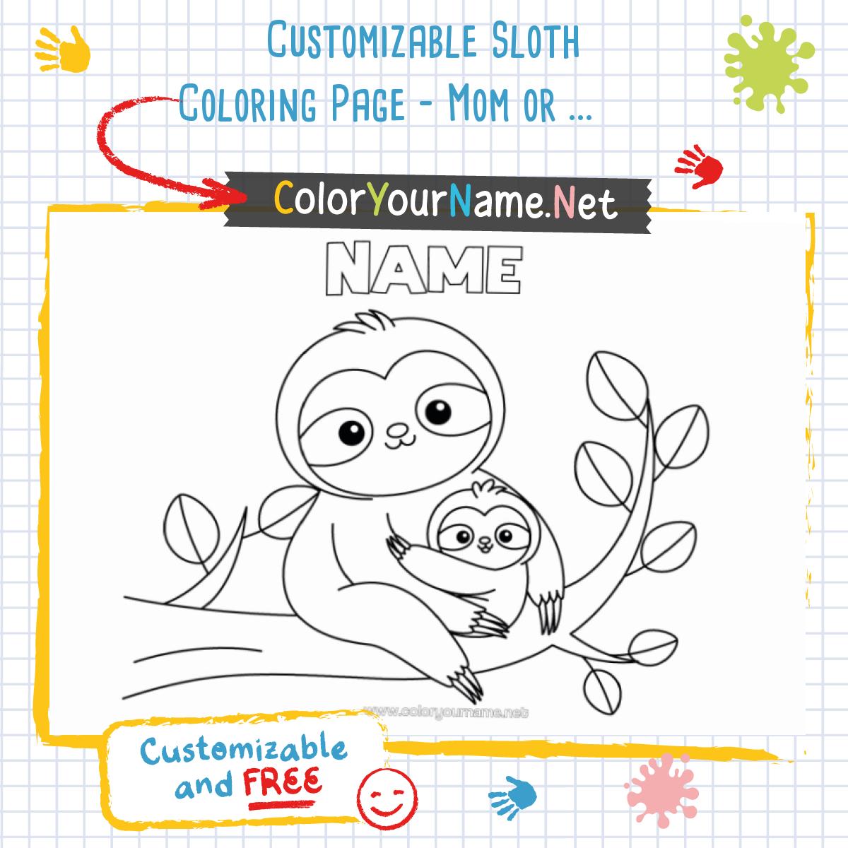 Customizable Sloth Coloring Page – Mom or Dad and Baby on Their Branch