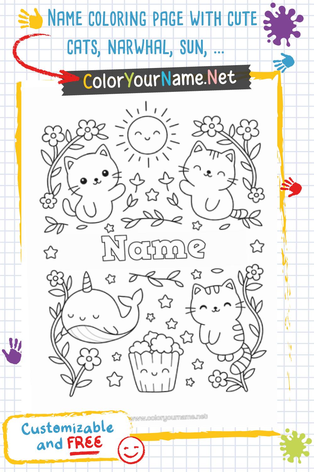 Name coloring page with cute cats, narwhal, sun, and popcorn – Free to ...