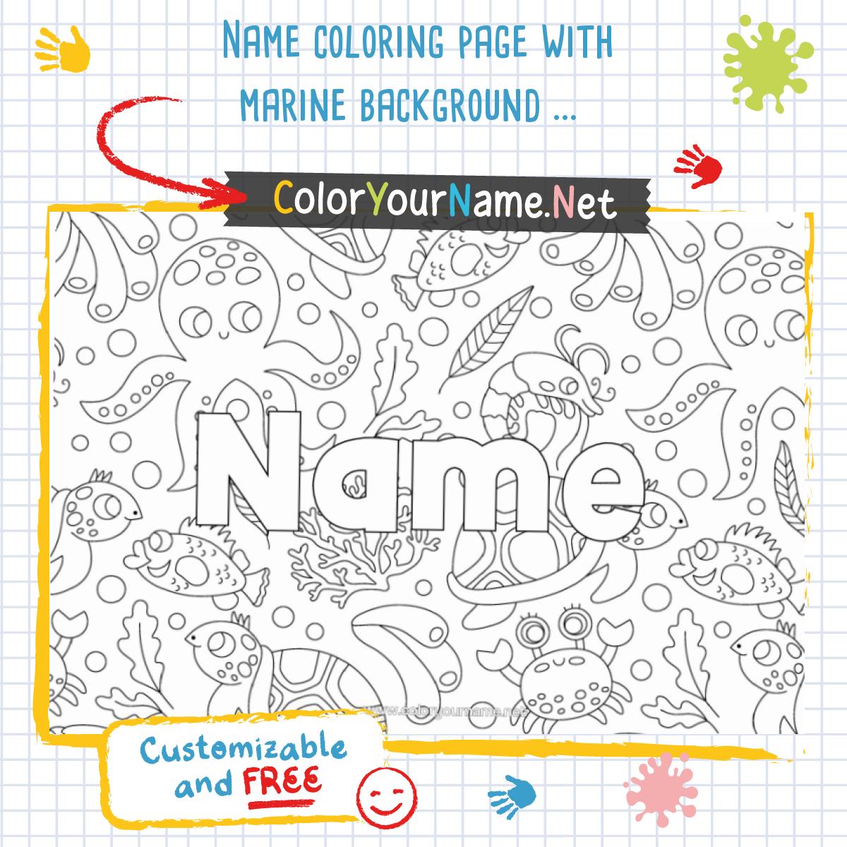 Name coloring page with marine background – Octopus, turtle, fish, and ...