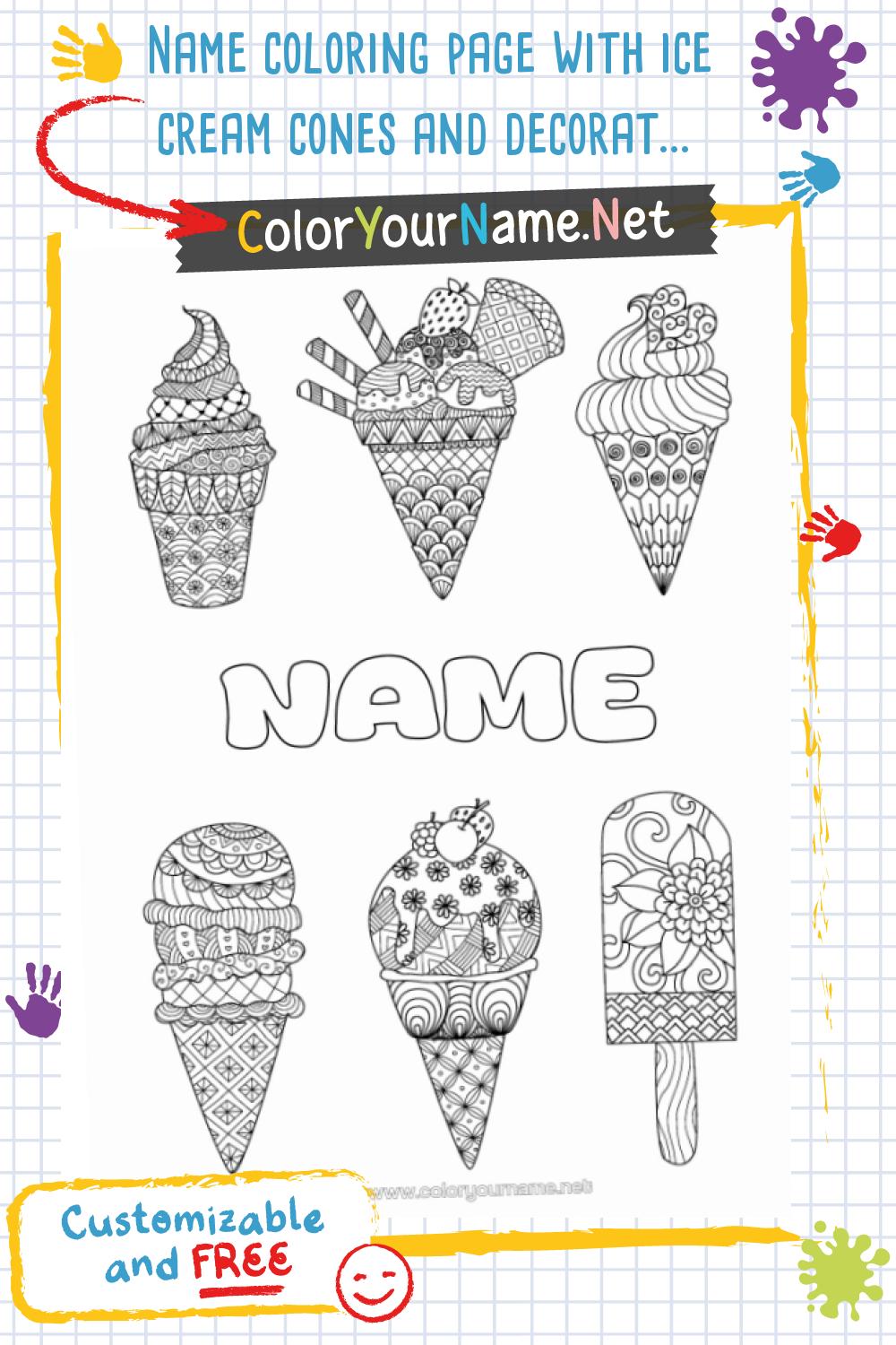 Name coloring page with ice cream cones and decorative popsicles – Free ...
