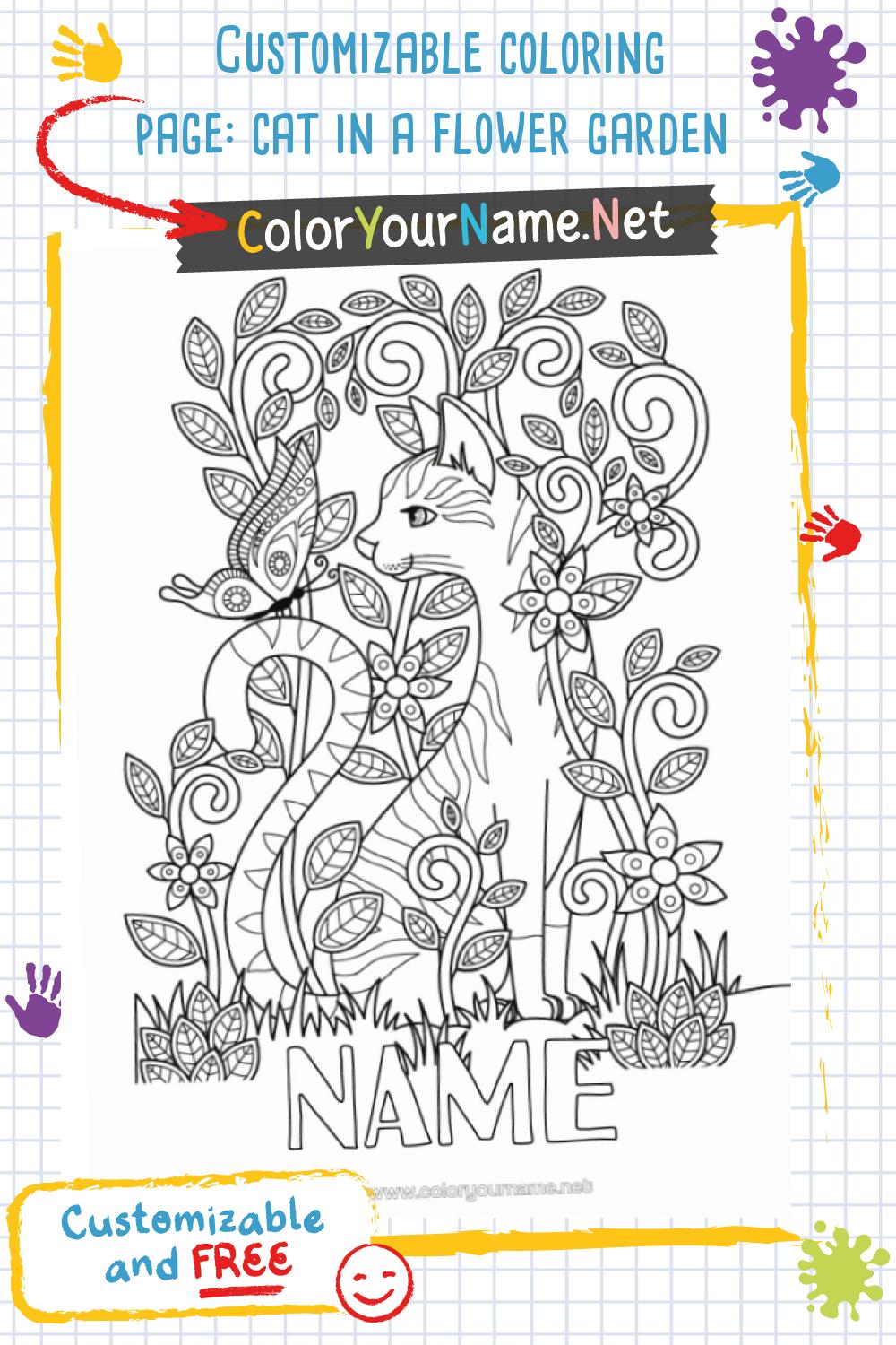 Customizable coloring page: cat in a flower garden