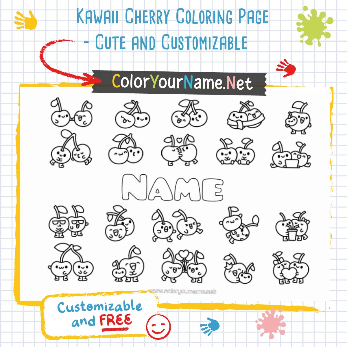 Kawaii Cherry Coloring Page – Cute and Customizable