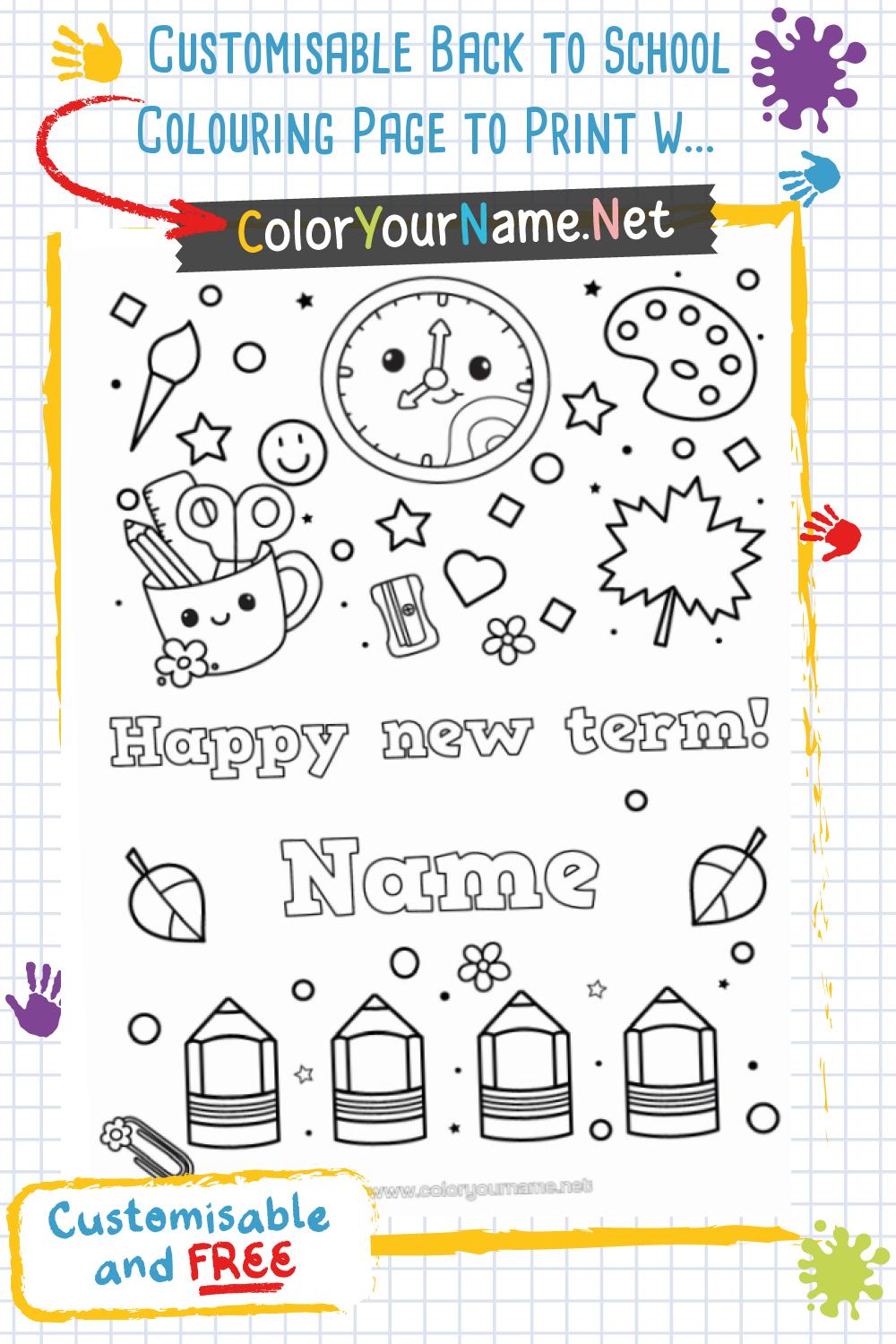 Customisable Back to School Colouring Page to Print with Name or Message