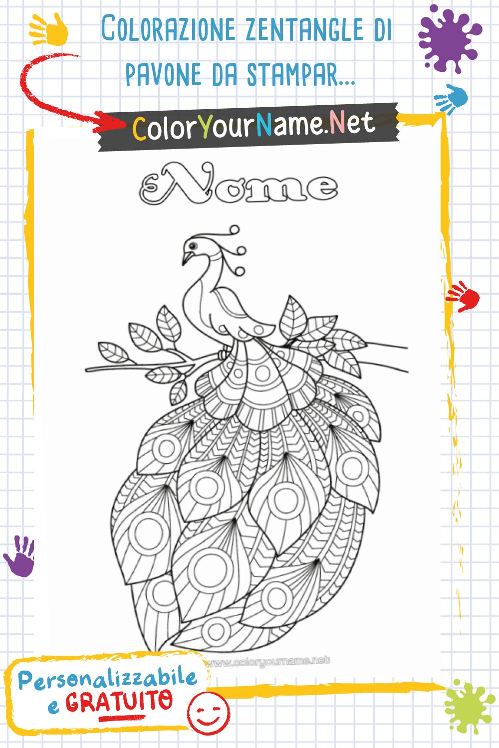 Colorazione zentangle di pavone da stampare e personalizzare con un nome.