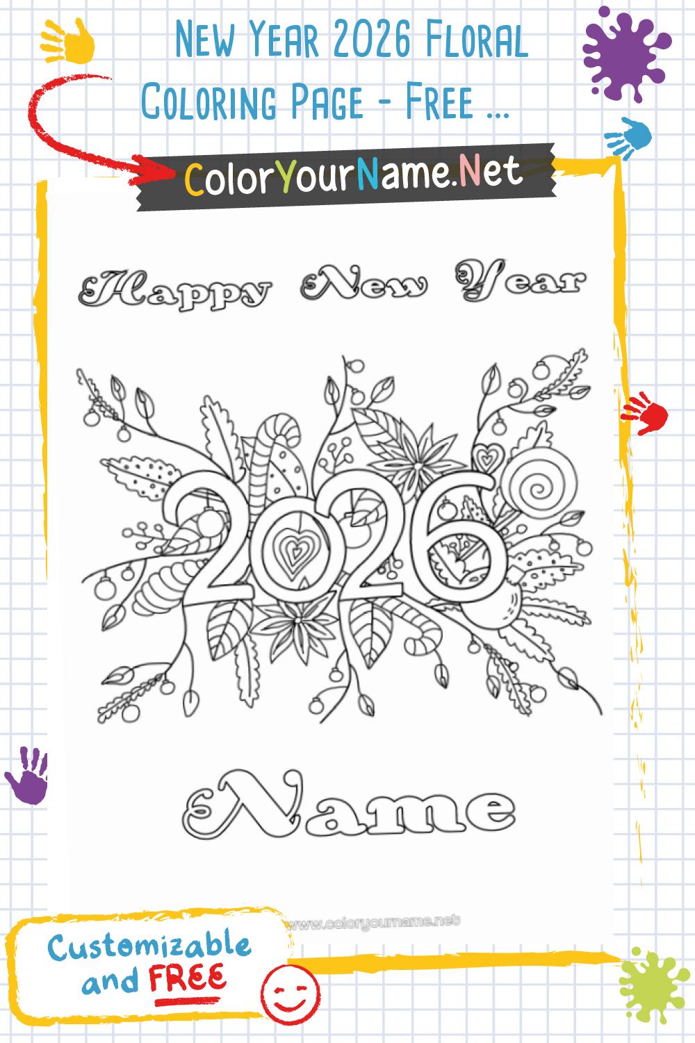 new year 2026 floral coloring page - free and customizable