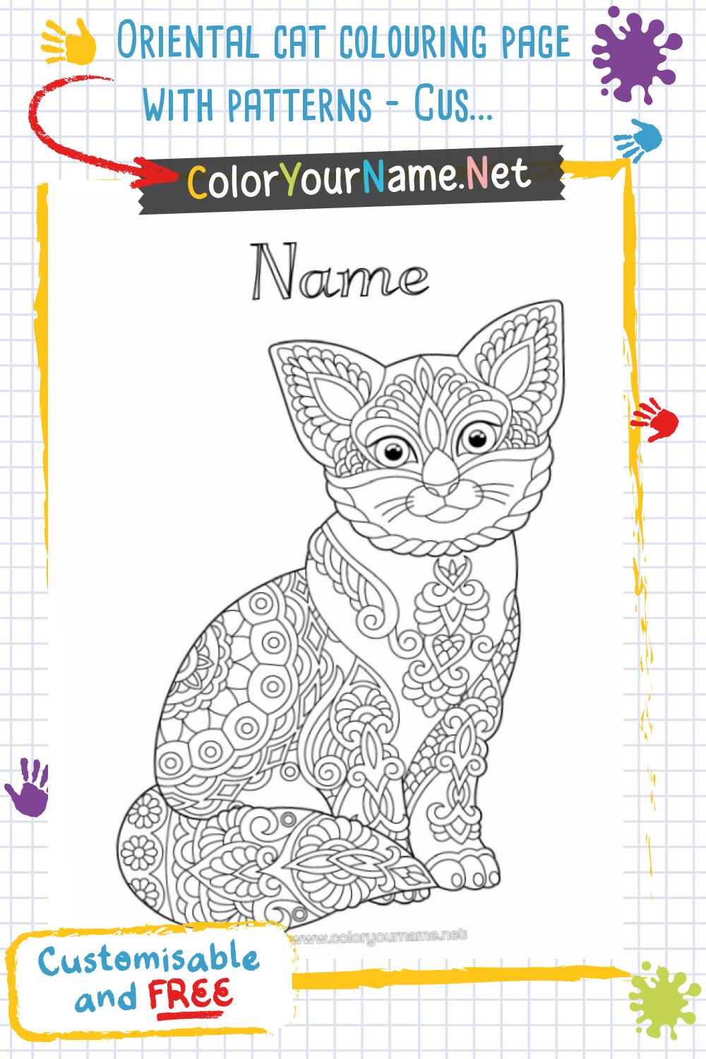 Oriental cat colouring page with patterns – Custom design with name