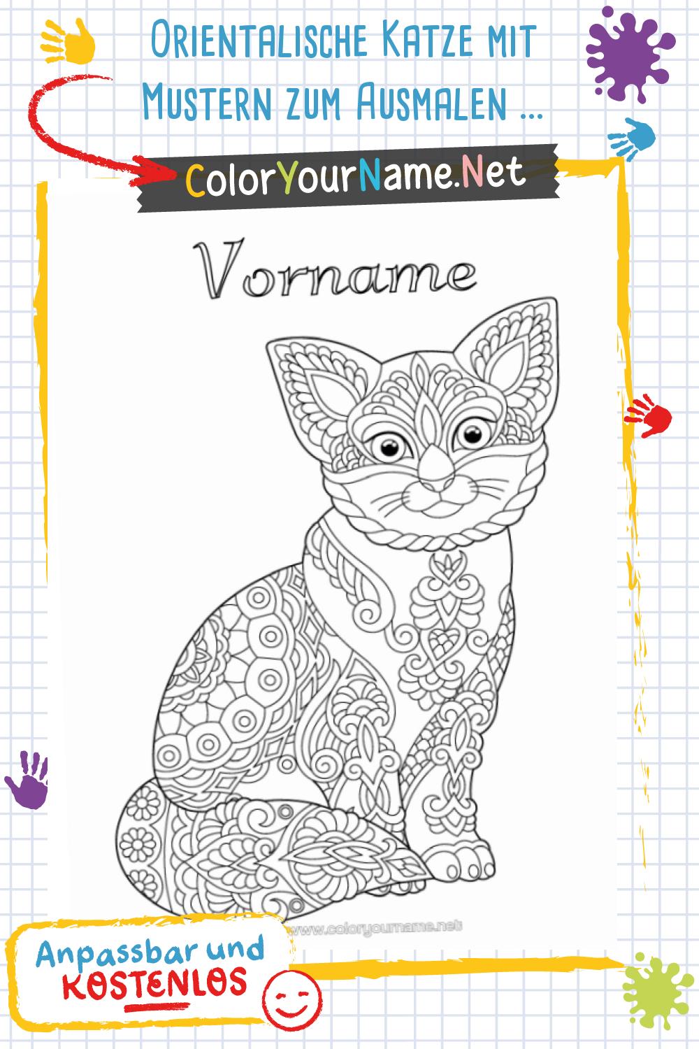 Orientalische Katze mit Mustern zum Ausmalen – Personalisierbares ...