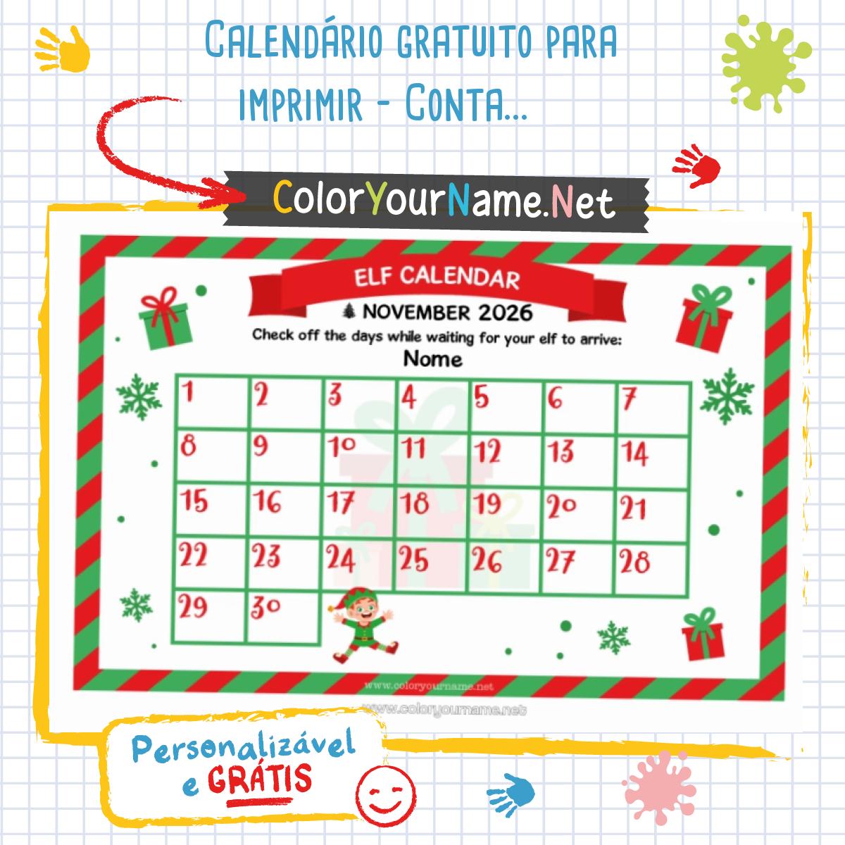 Calendário gratuito para imprimir – Contagem regressiva do duende travesso