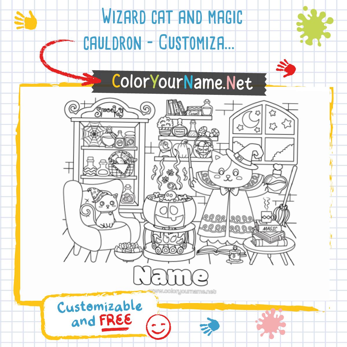Wizard cat and magic cauldron – Customizable Halloween coloring page ...