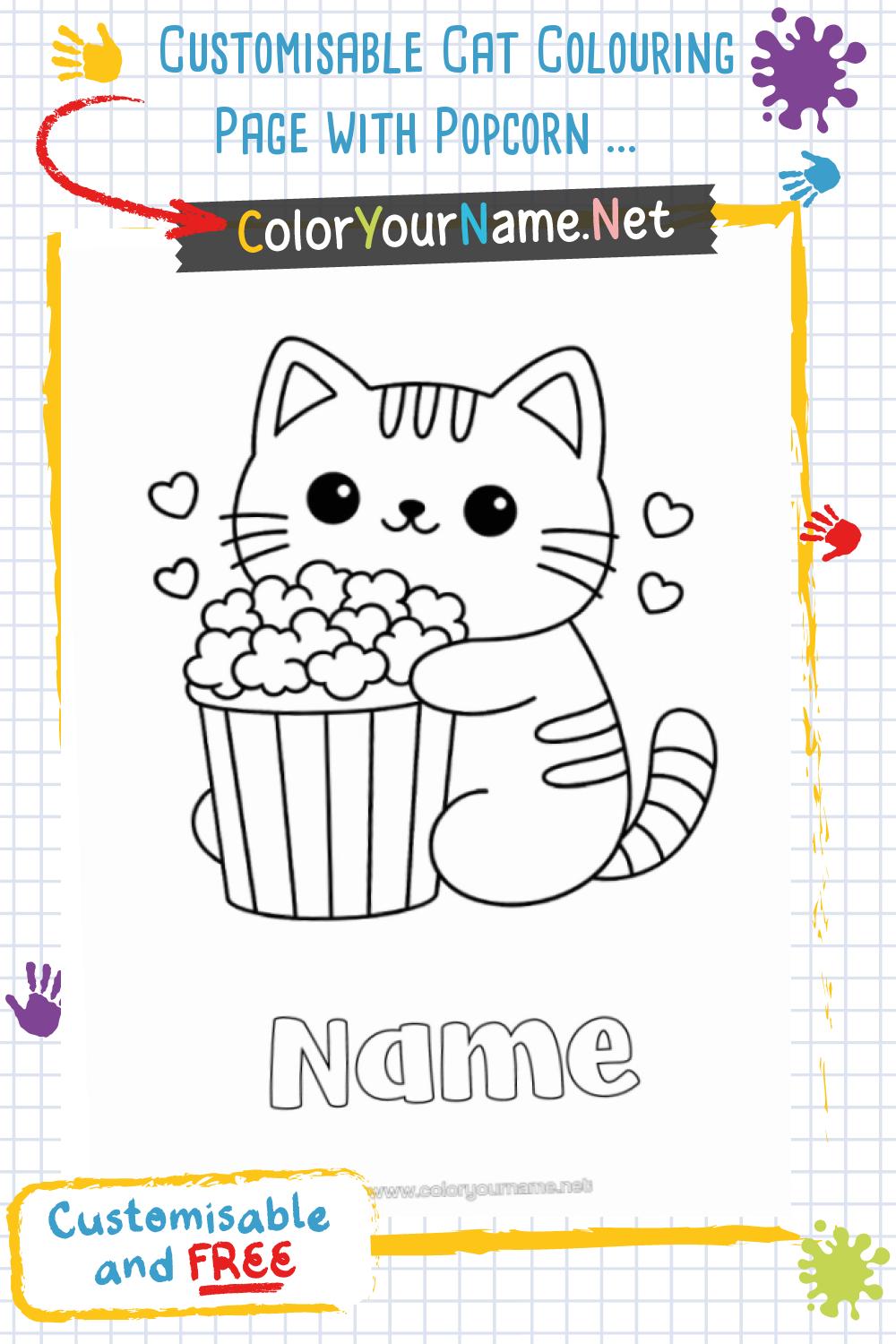 Customisable Cat Colouring Page with Popcorn – Printable Kawaii Drawing