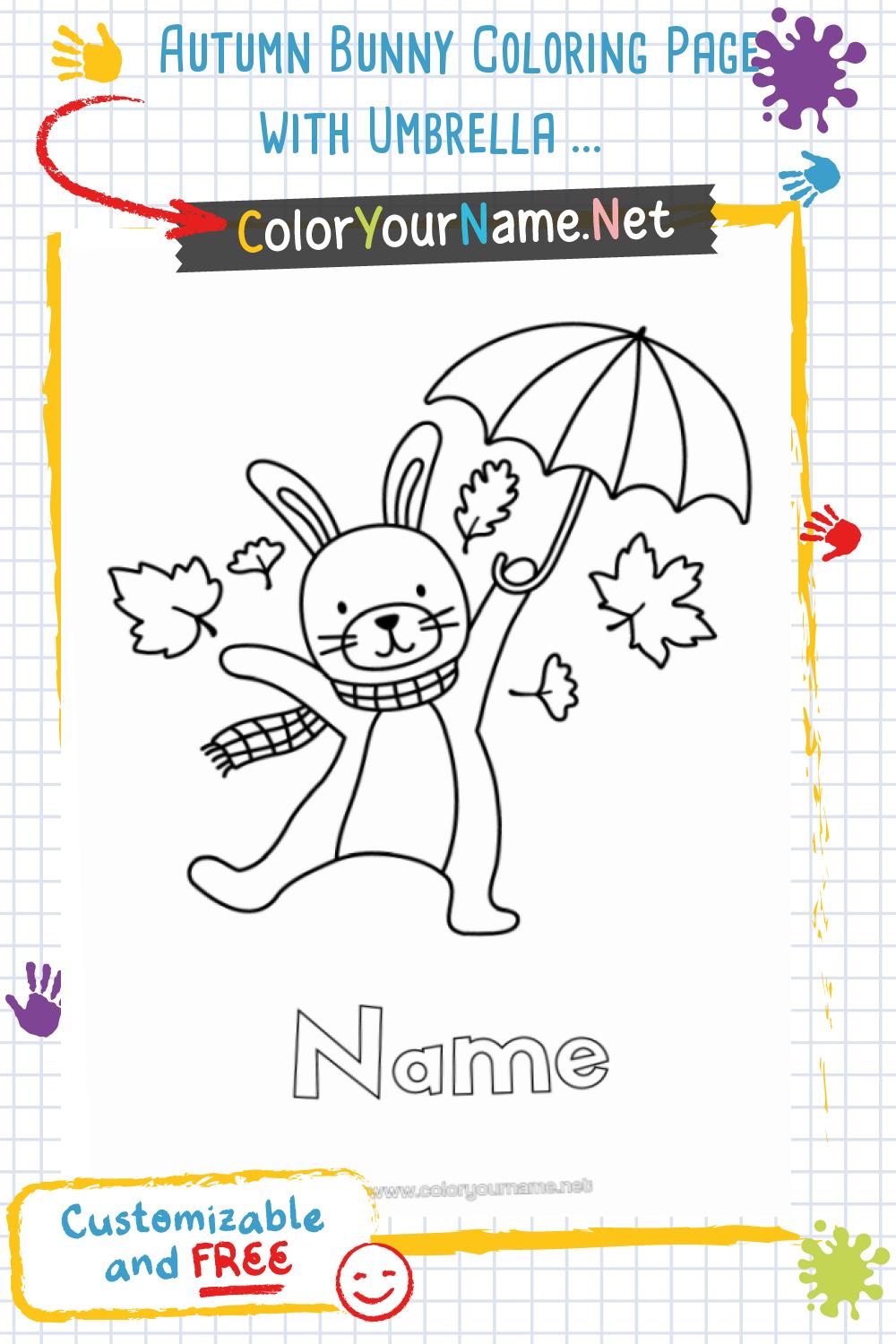Autumn Bunny Coloring Page with Umbrella – Customizable Drawing with ...