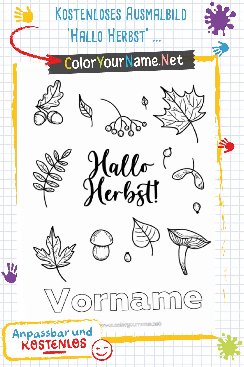 Kostenloses Ausmalbild 'Hallo Herbst' zum Personalisieren