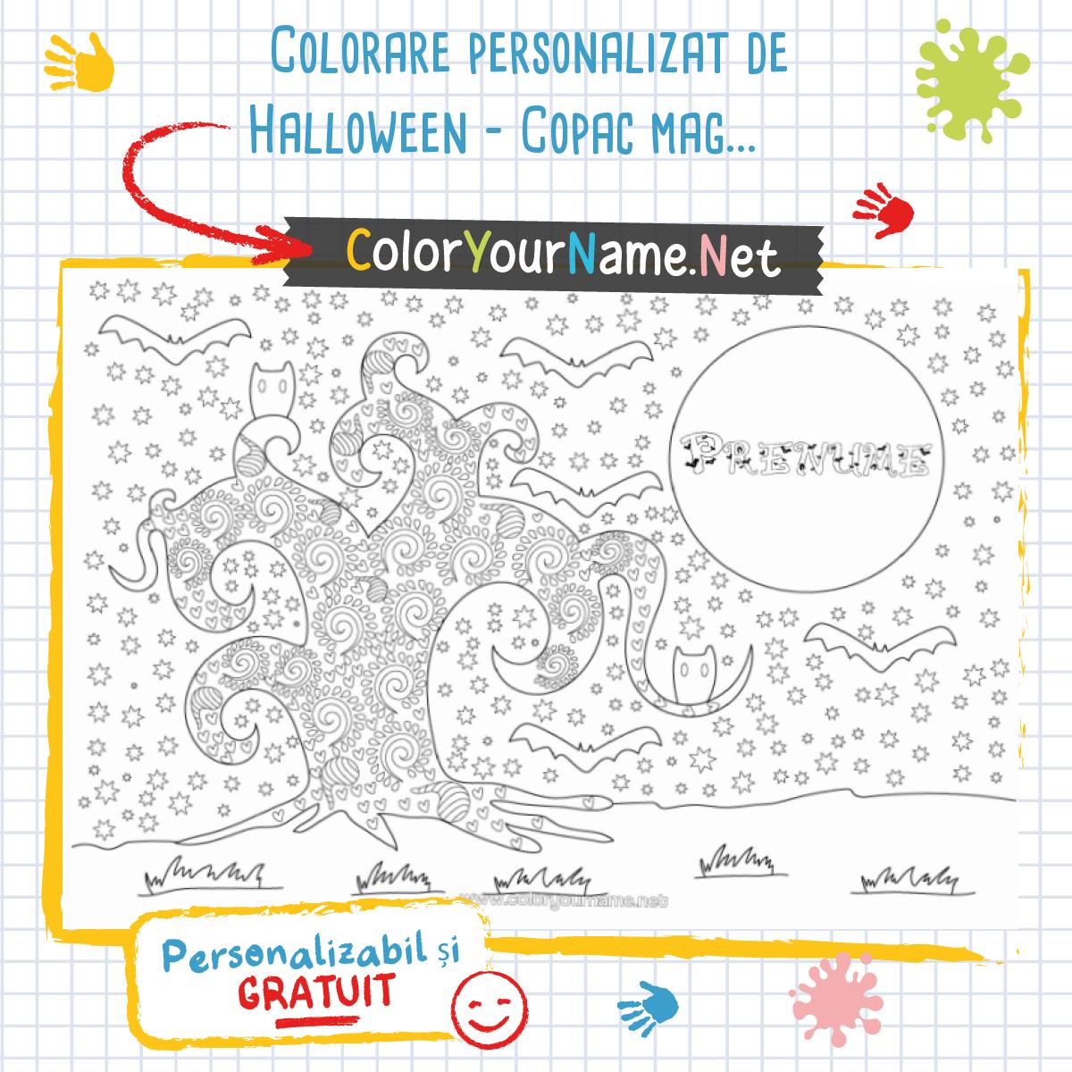 Colorare personalizat de Halloween – Copac magic, lilieci și lună cu ...