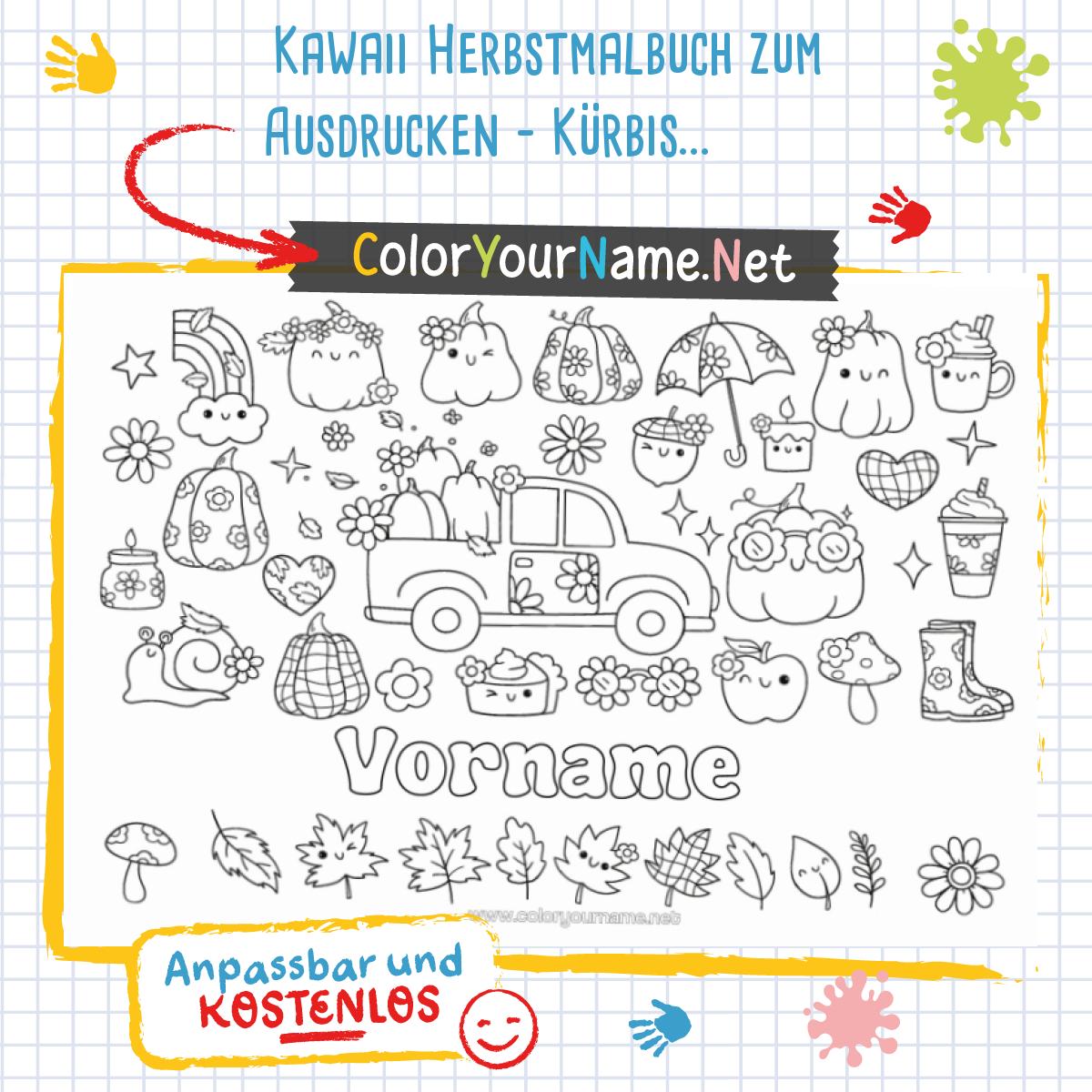 Kawaii Herbstmalbuch zum Ausdrucken – Kürbisse, Blätter und ein