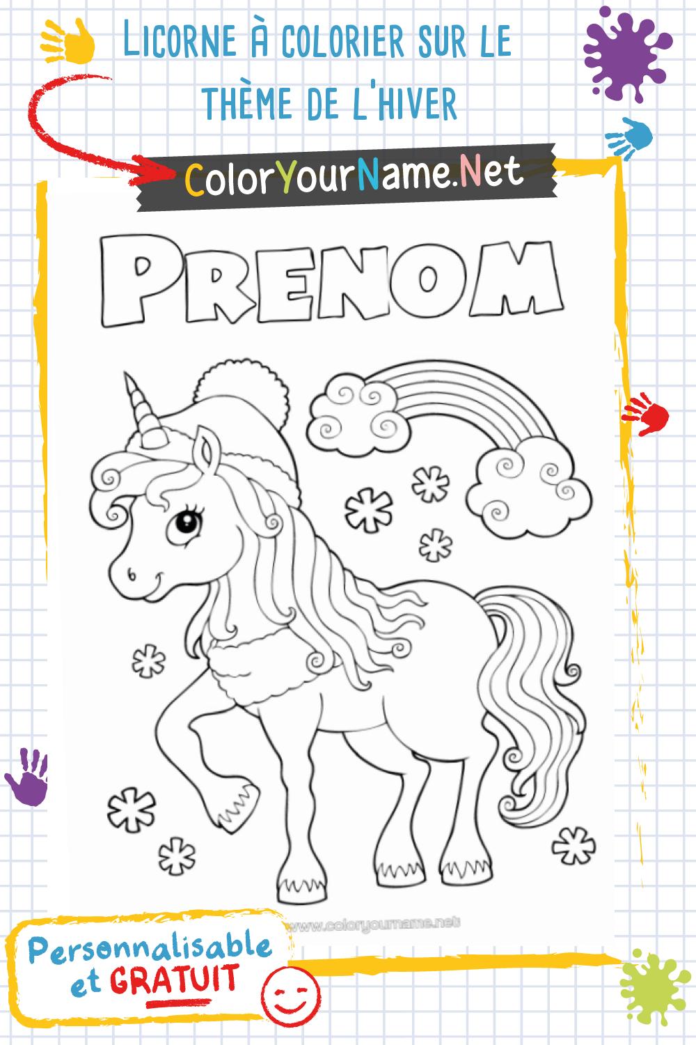 Licorne à colorier sur le thème de l'hiver