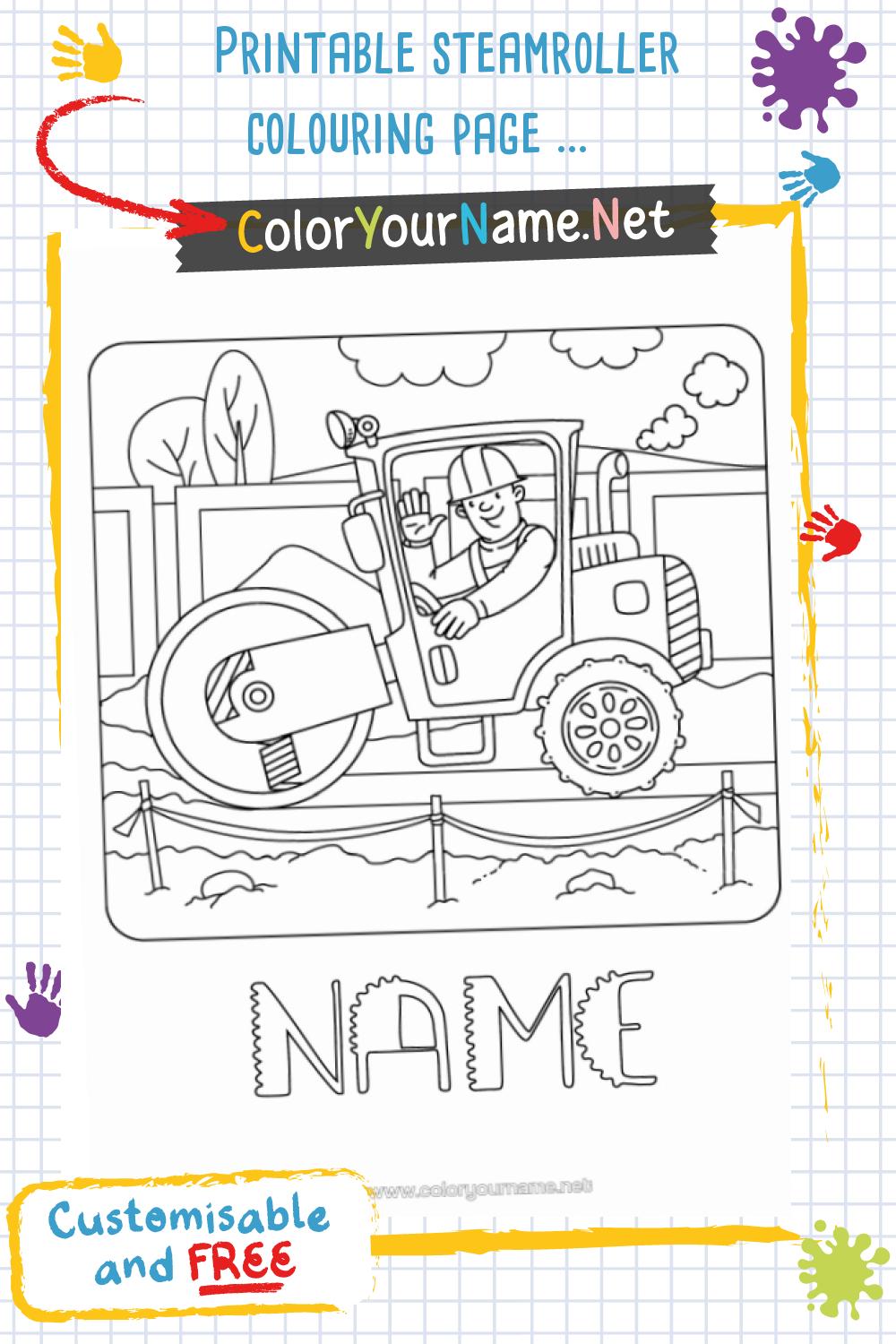 Printable steamroller colouring page – Construction vehicle