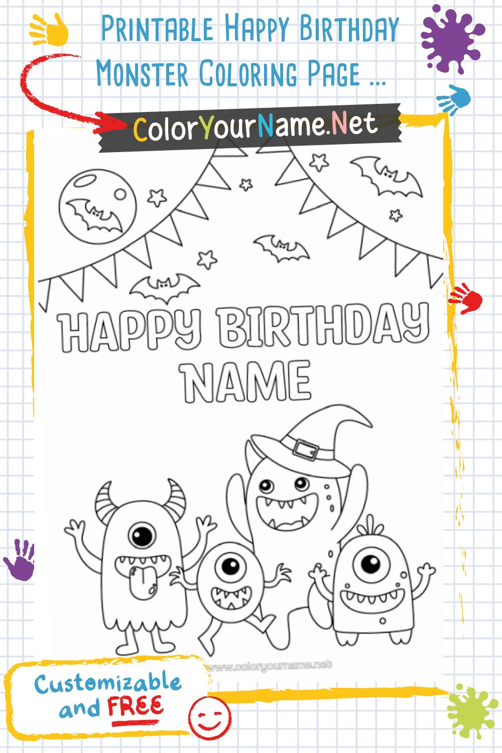 Printable Happy Birthday Monster Coloring Page – Personalized Halloween ...