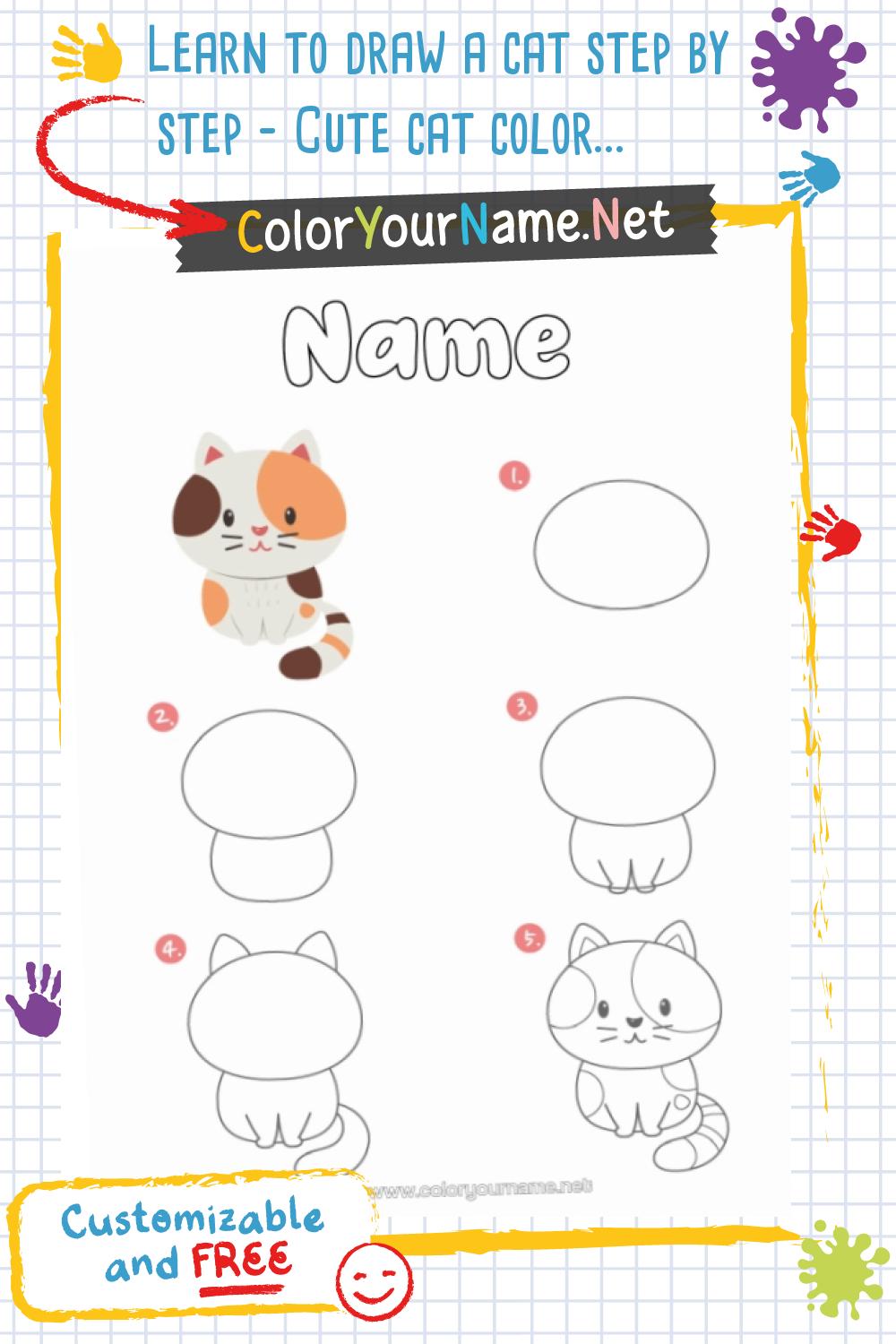 Learn to draw a cat step by step – Cute cat coloring page to print