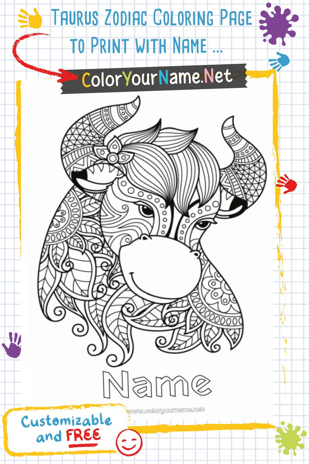 Taurus Zodiac Coloring Page to Print with Name – Detailed and Relaxing ...