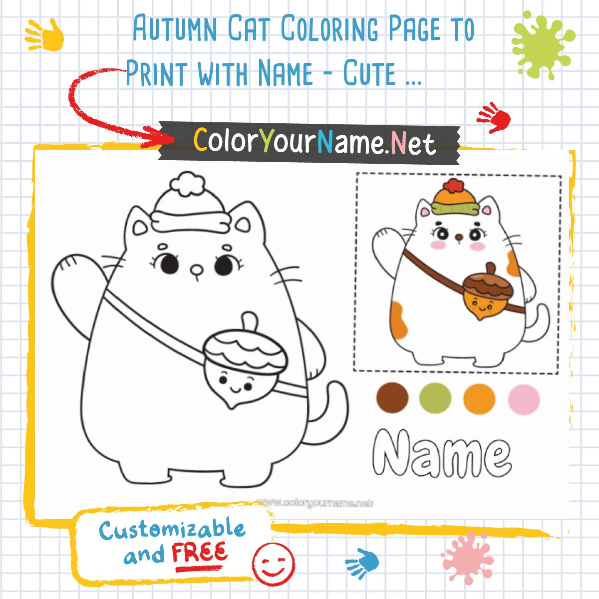 Autumn Cat Coloring Page to Print with Name – Cute and Easy Drawing for ...