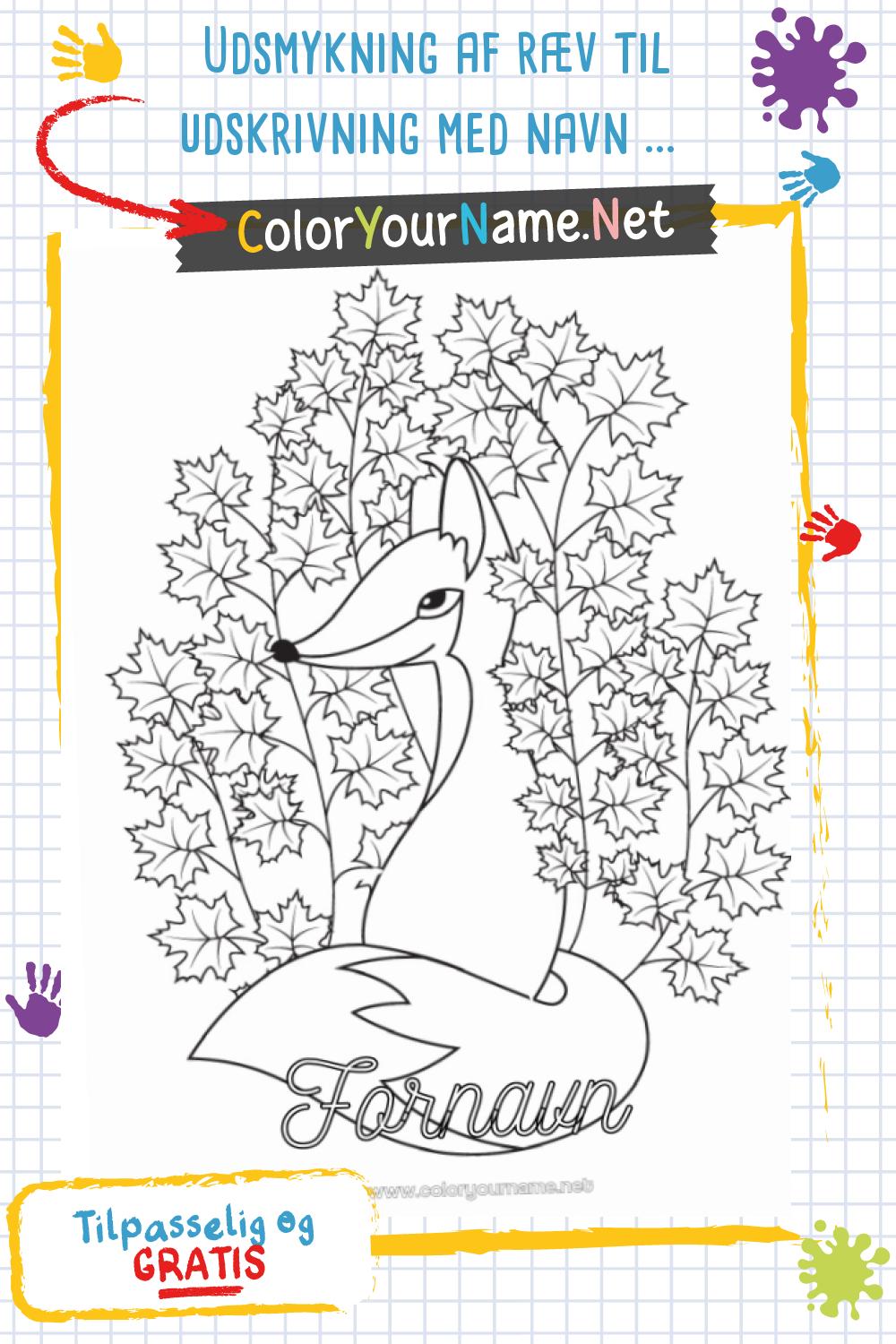 Udsmykning af ræv til udskrivning med navn – gratis efterårs tegning