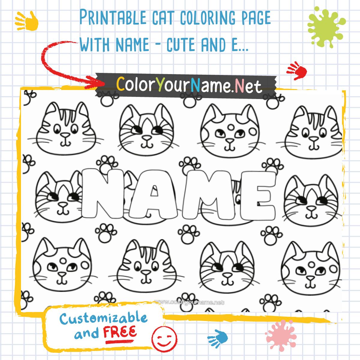 Printable cat coloring page with name – cute and easy cat drawings