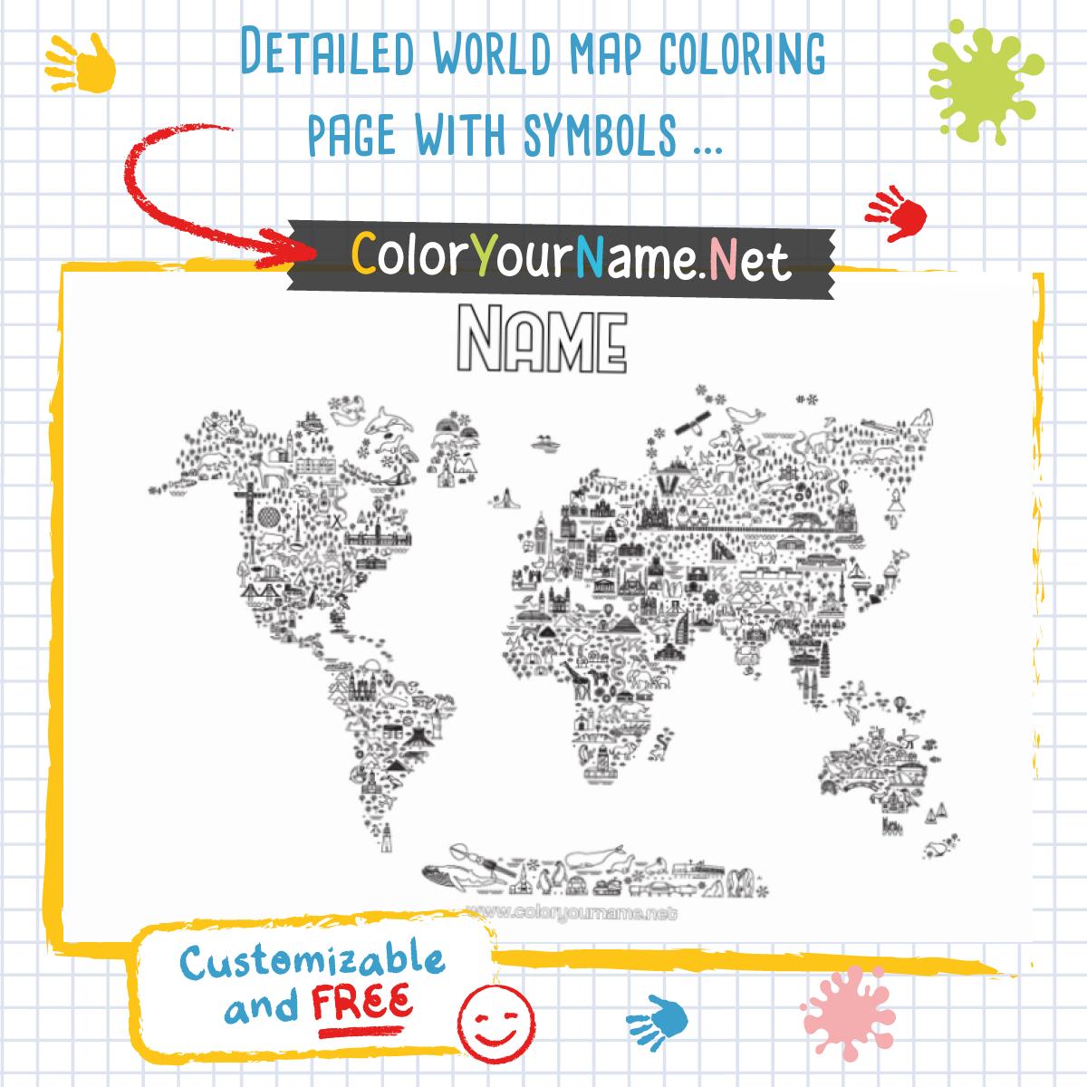 Detailed world map coloring page with symbols and monuments to print ...