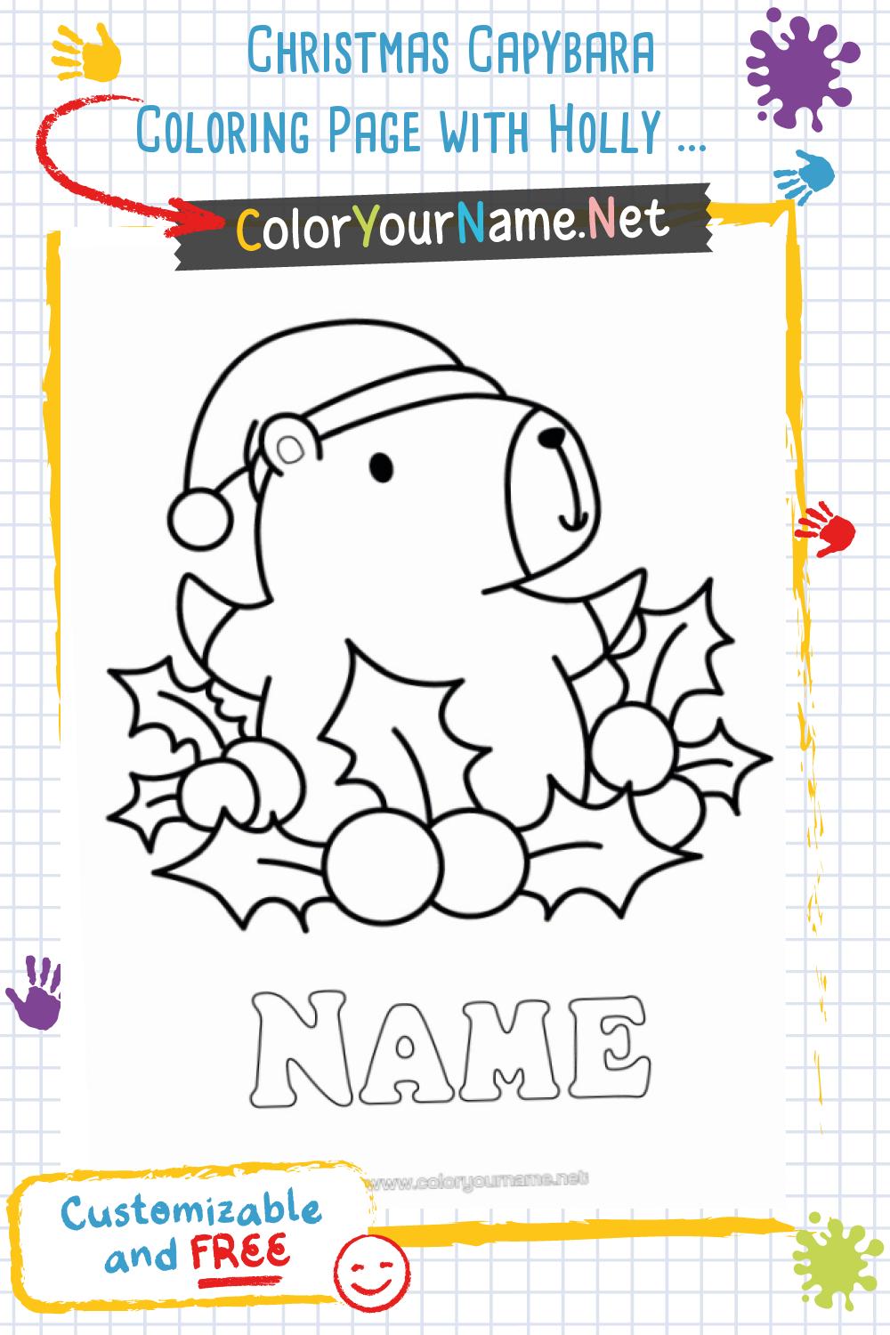 Christmas Capybara Coloring Page with Holly – Cute Printable and ...