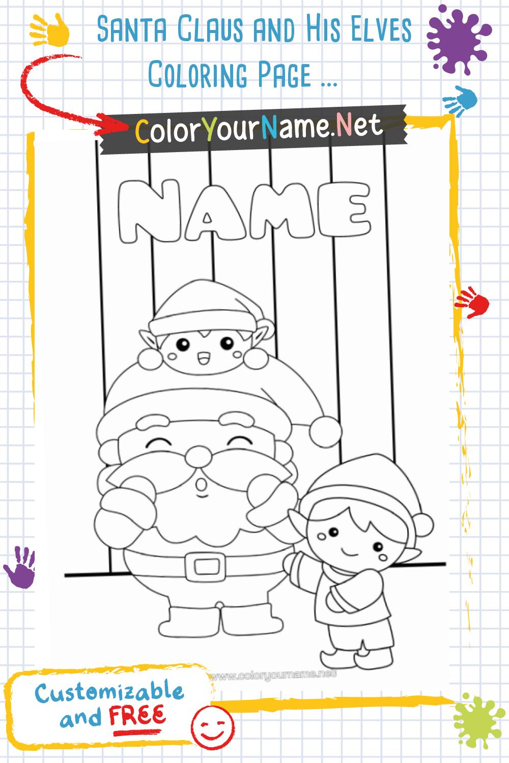 Santa Claus and His Elves Coloring Page – Customizable Name to Color