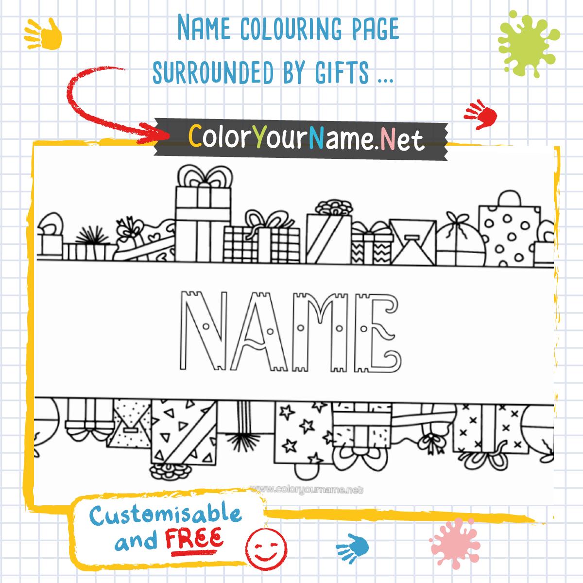 Name colouring page surrounded by gifts – customisable print template