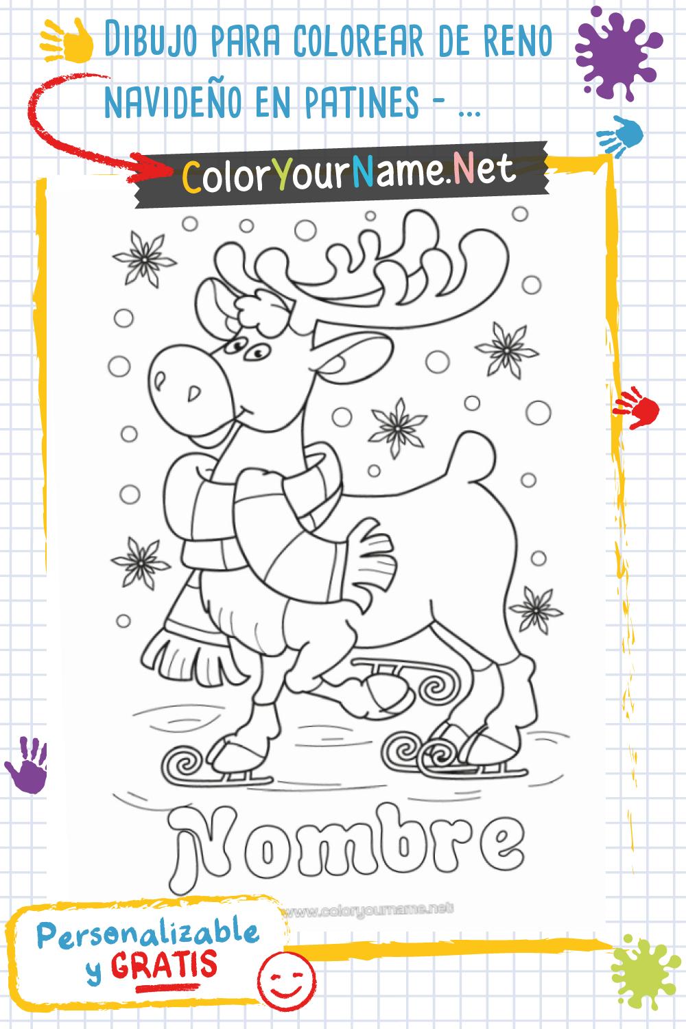 Dibujo para colorear de reno navideño en patines – con nombre ...